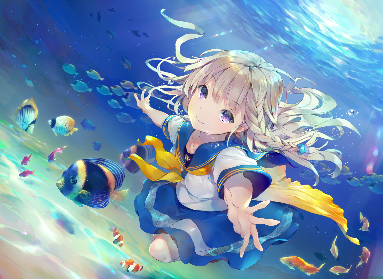 Anime girl swimming with fish underwater HD Wallpaper