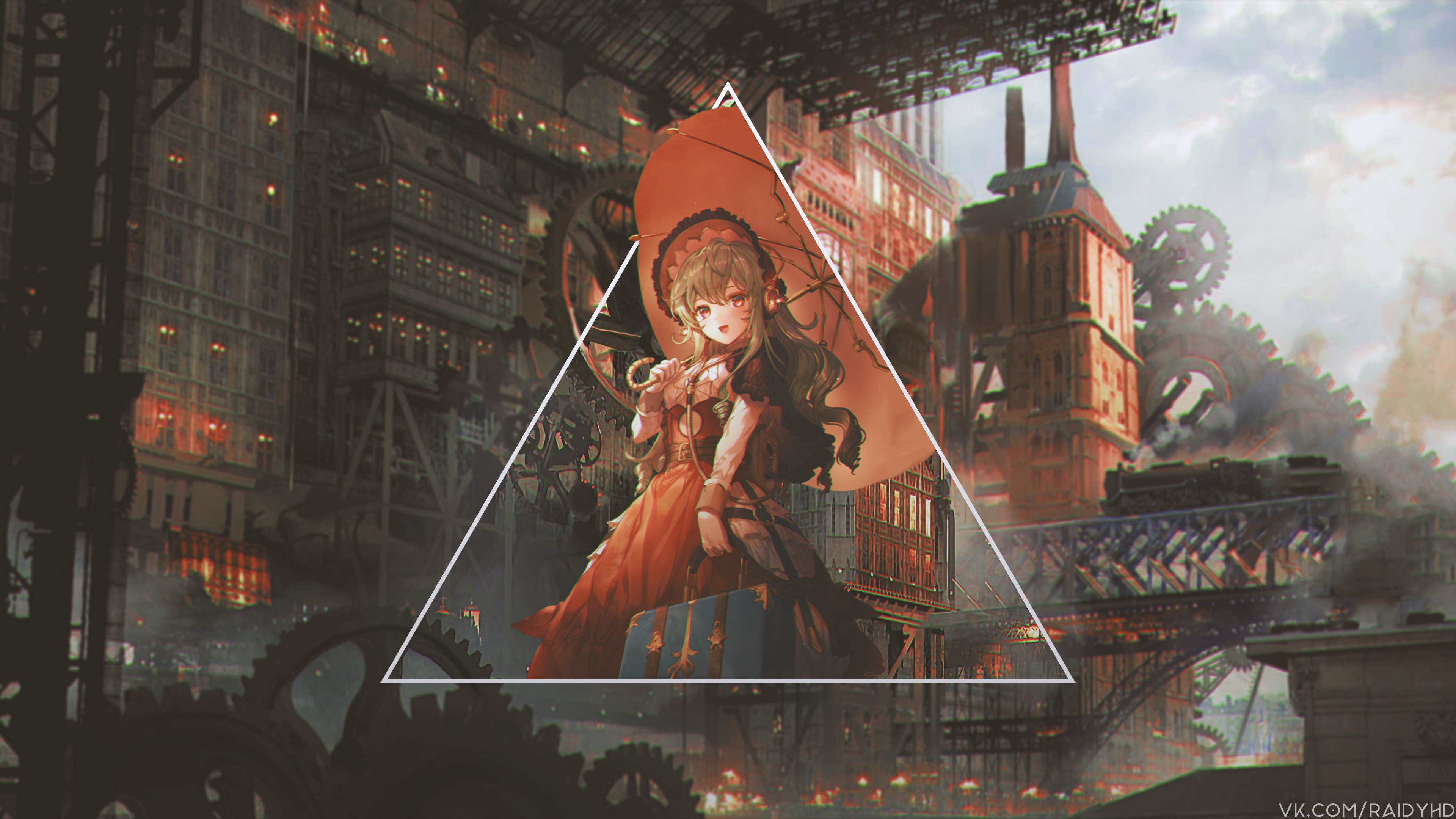 Anime girl with umbrella in steampunk city HD Wallpaper