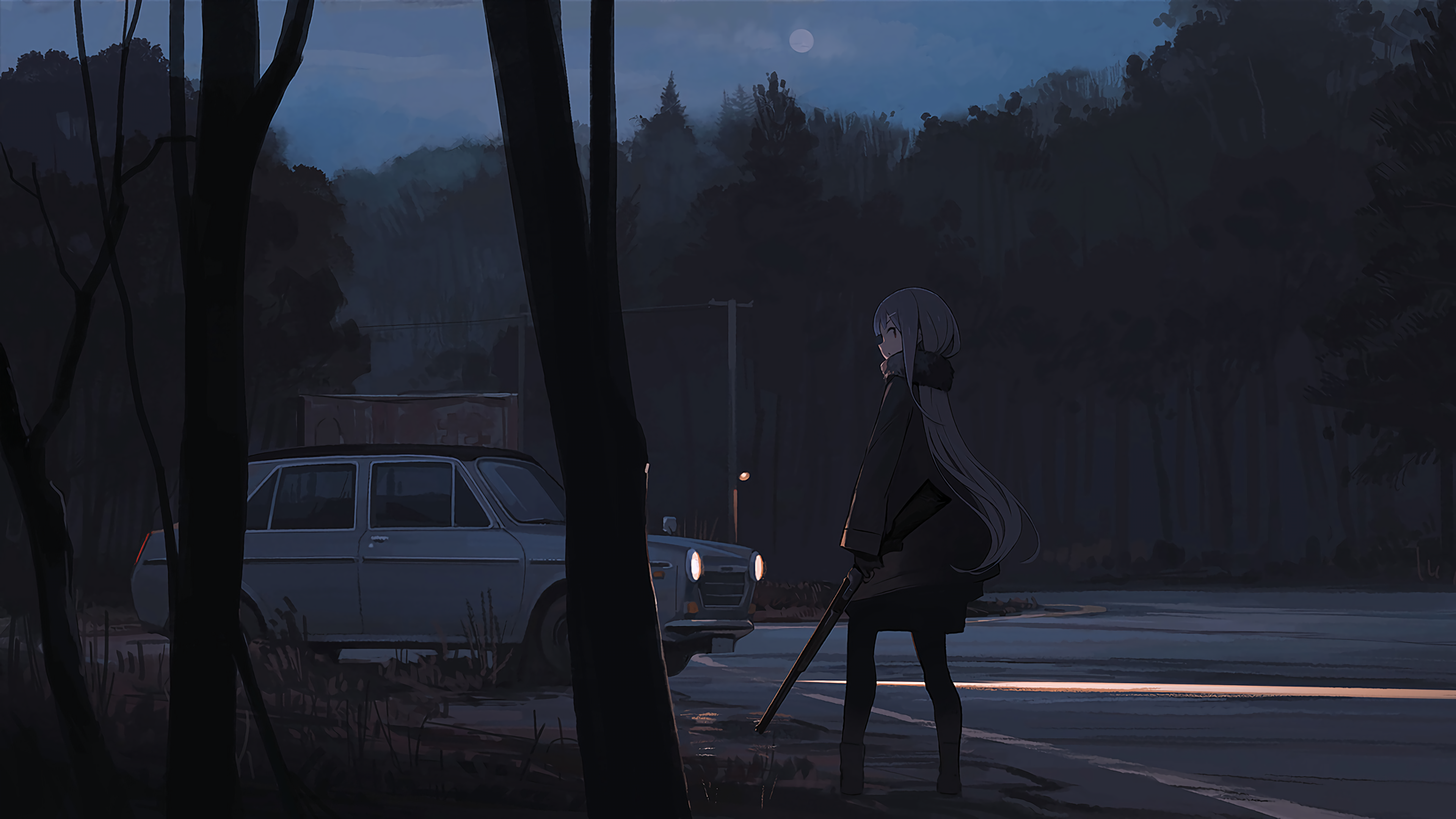 Anime girl with weapon by car at night HD Wallpaper
