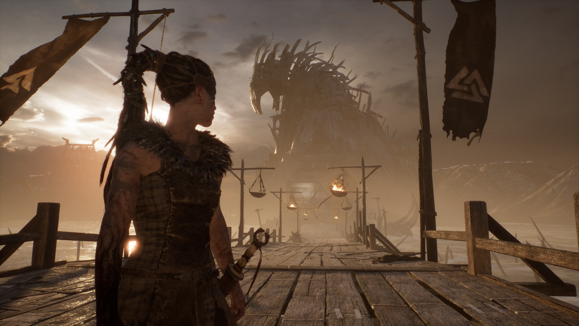 Senua from Hellblade: Senua's Sacrifice on a wooden pier HD Wallpaper