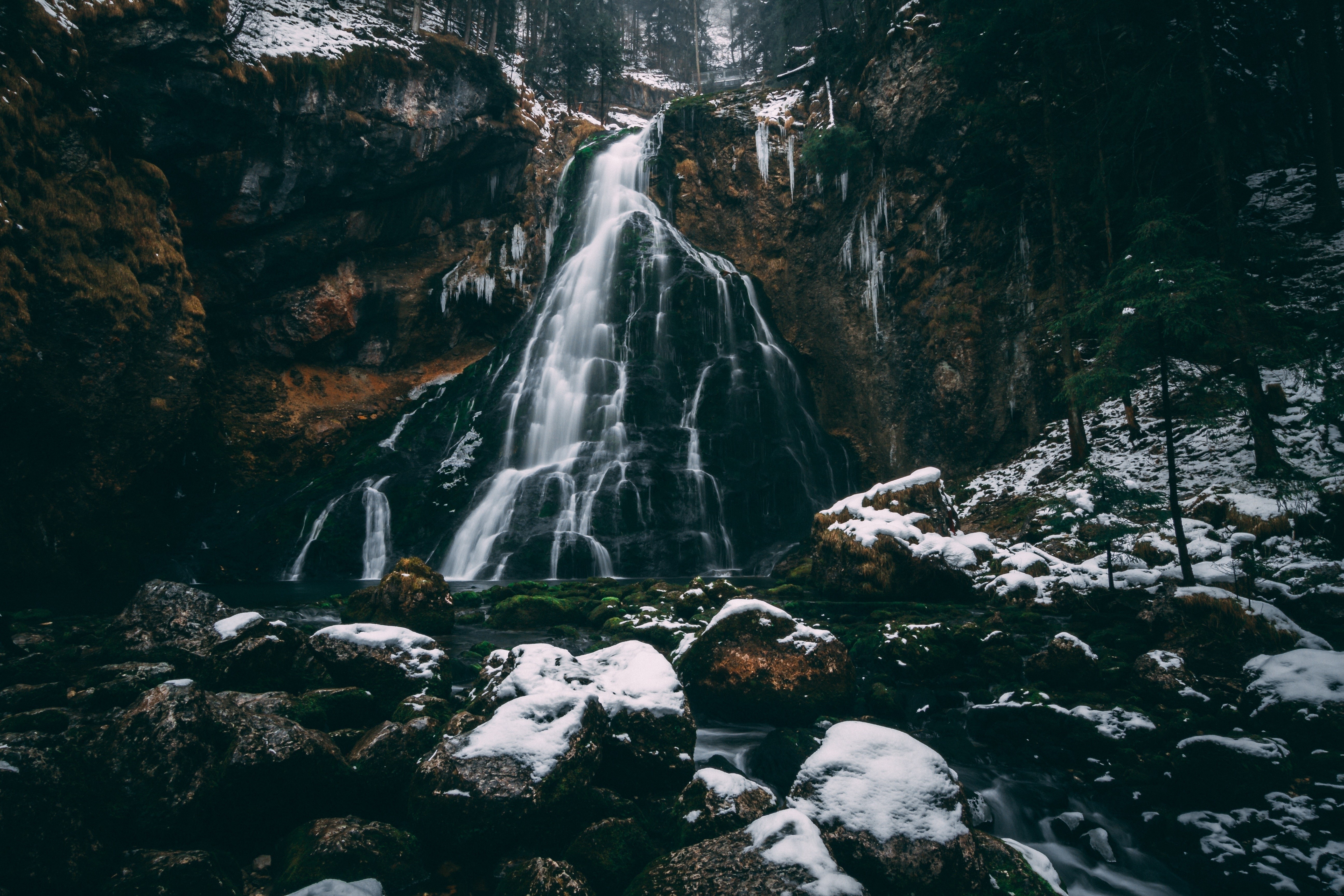 Dark Winter Waterfall in Forest with Snow HD Wallpaper