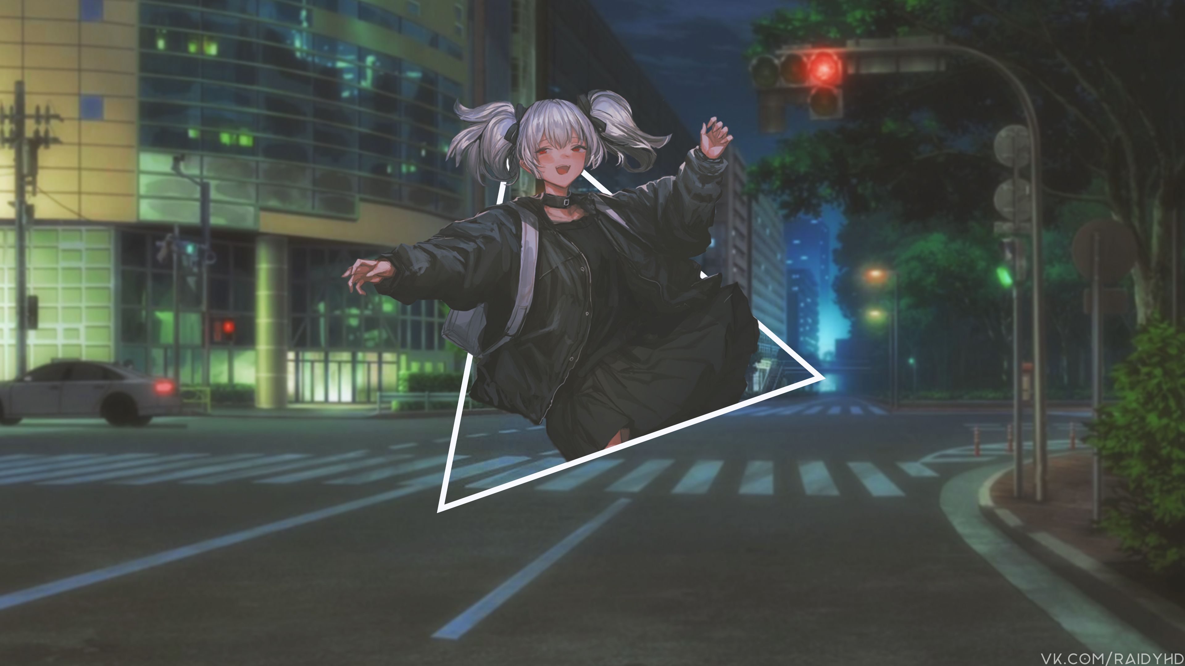 Anime girl in black outfit on city street HD Wallpaper