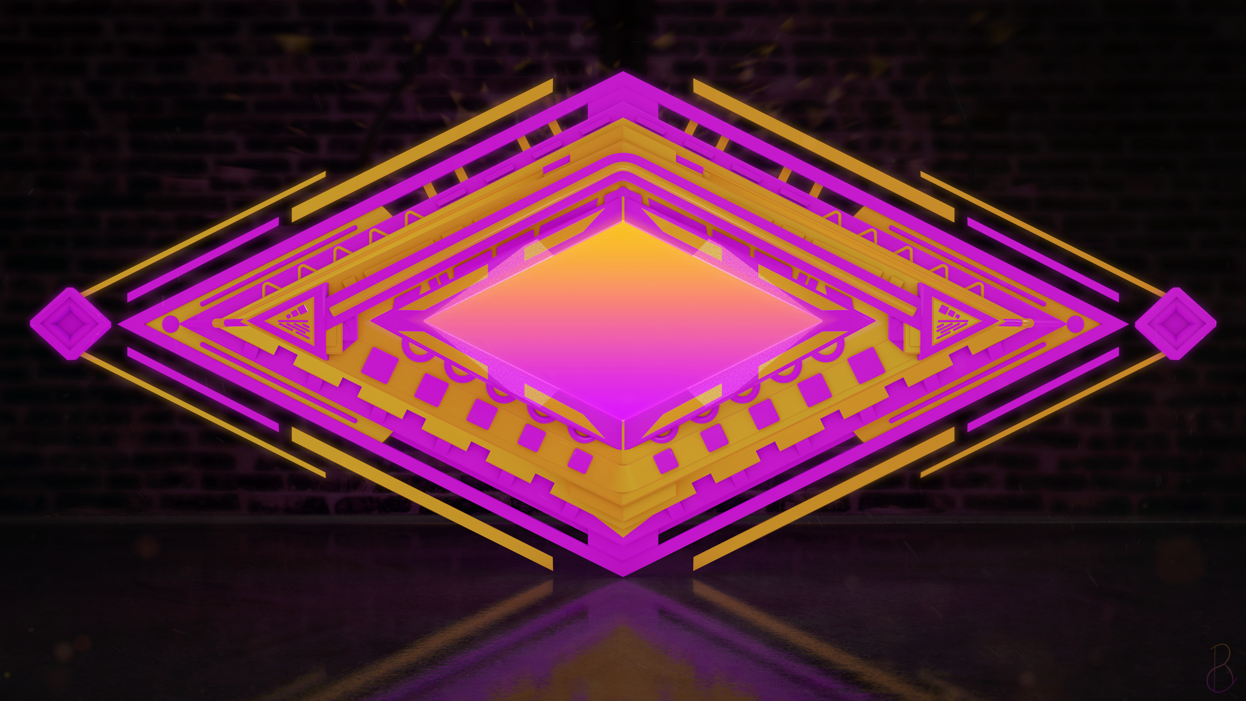 Abstract geometric rhombus with glowing pink and yellow layers HD Wallpaper