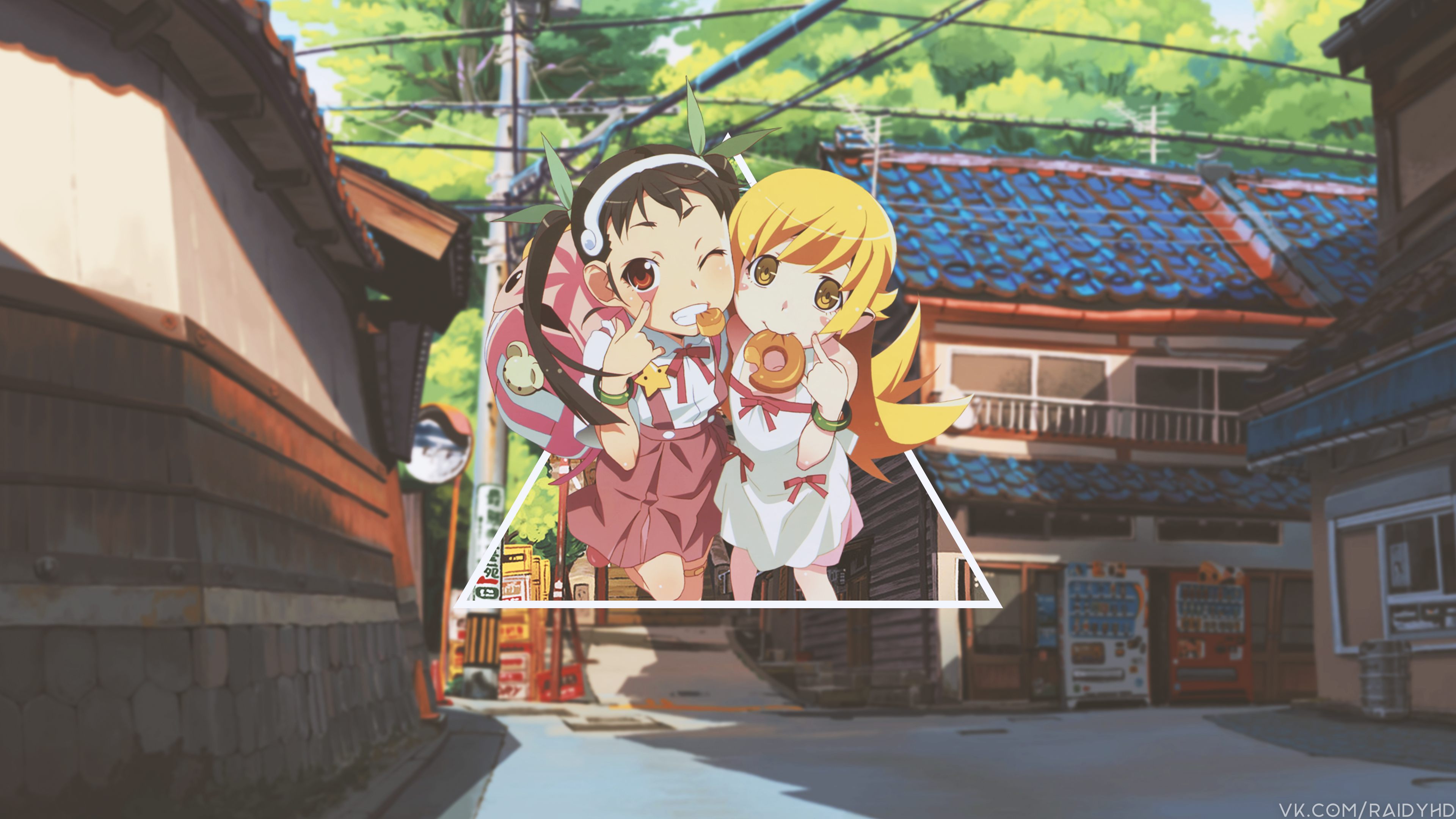 Anime girls eating donuts in a Japanese town HD Wallpaper