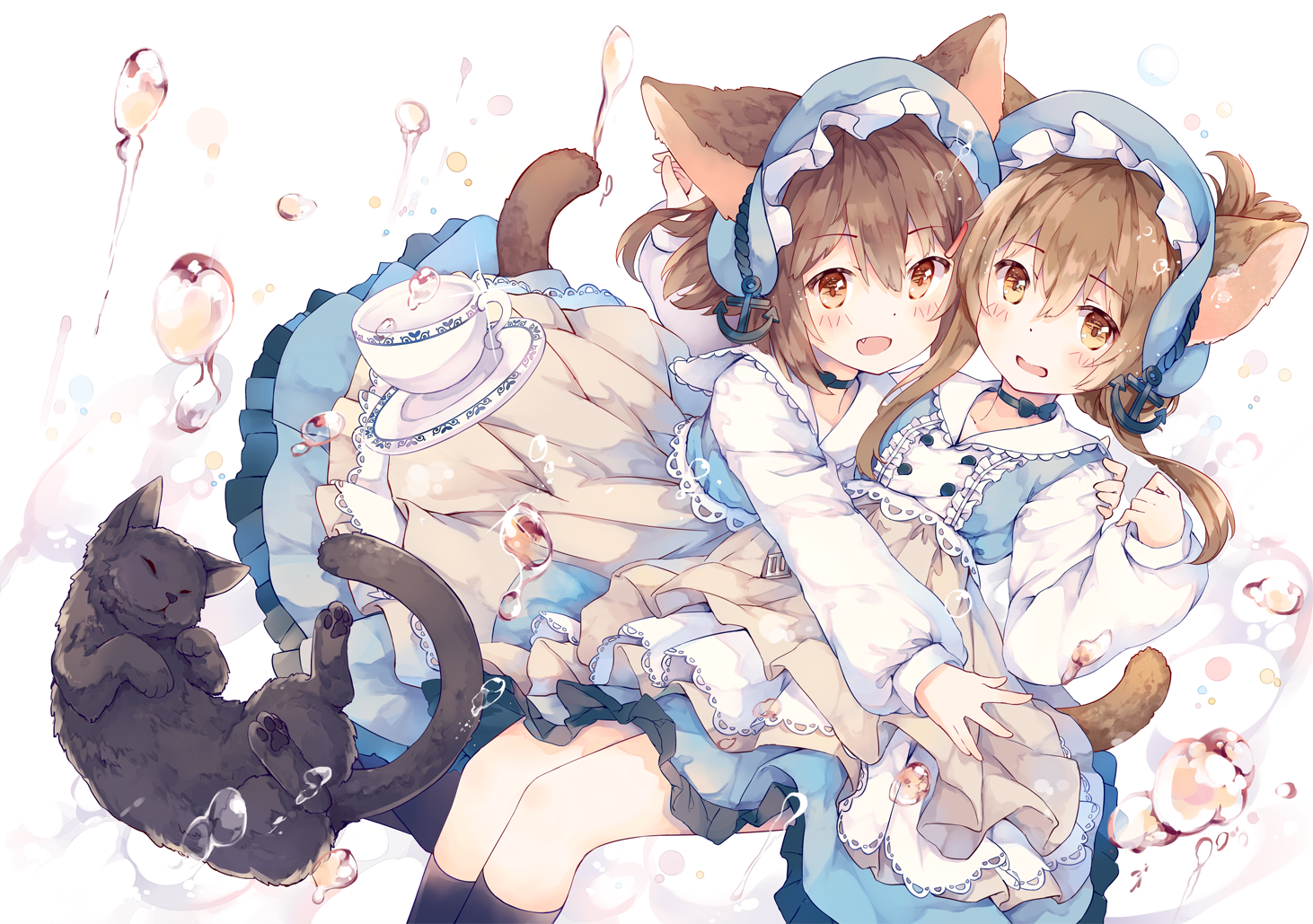 Two anime cat girls with a black cat and teacup HD Wallpaper