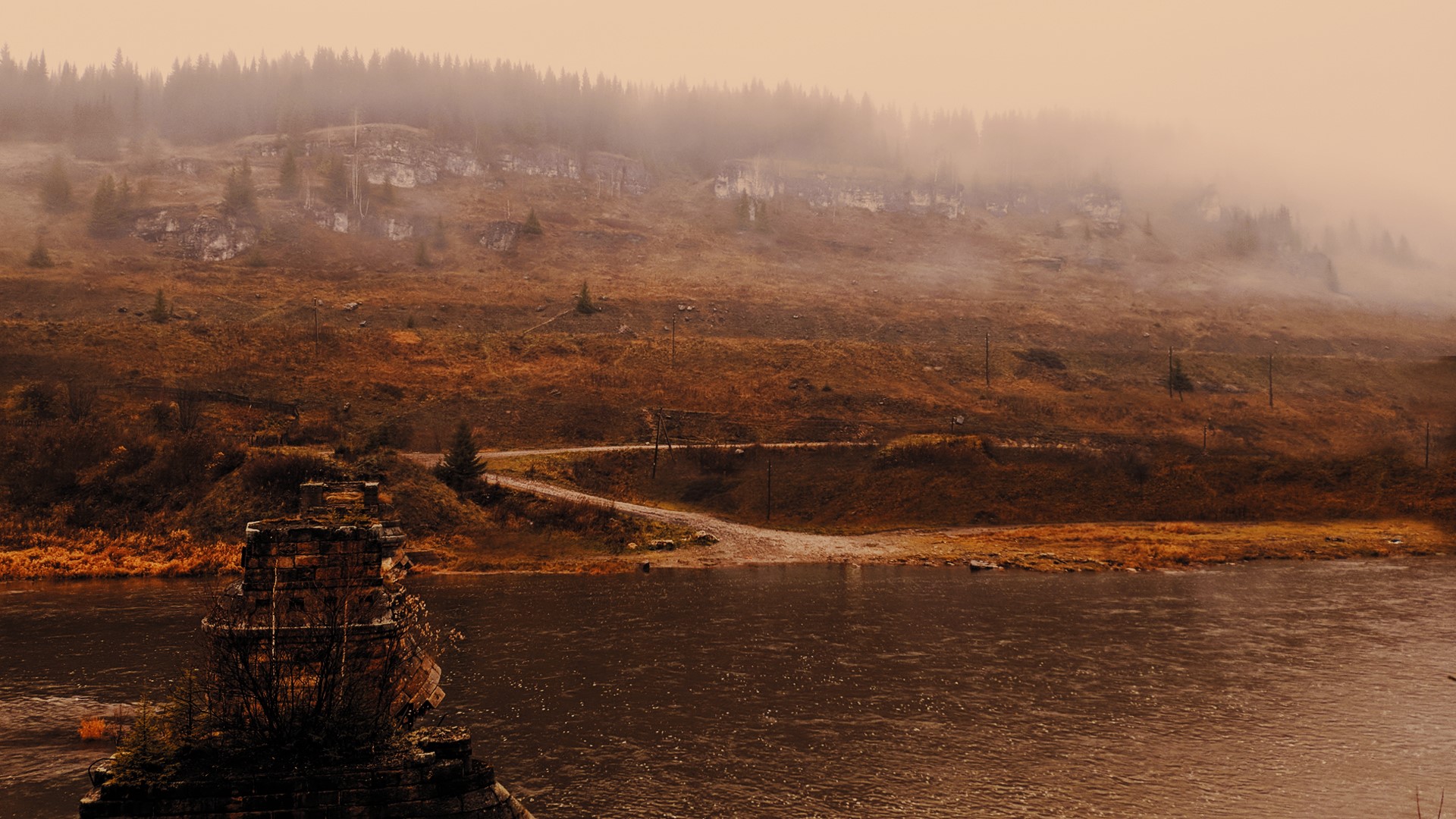 Misty river landscape with ruins and forest HD Wallpaper