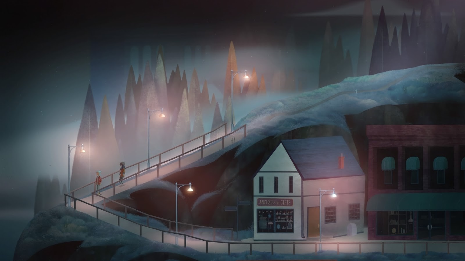 Alex and Nona from Oxenfree walking on a foggy path HD Wallpaper