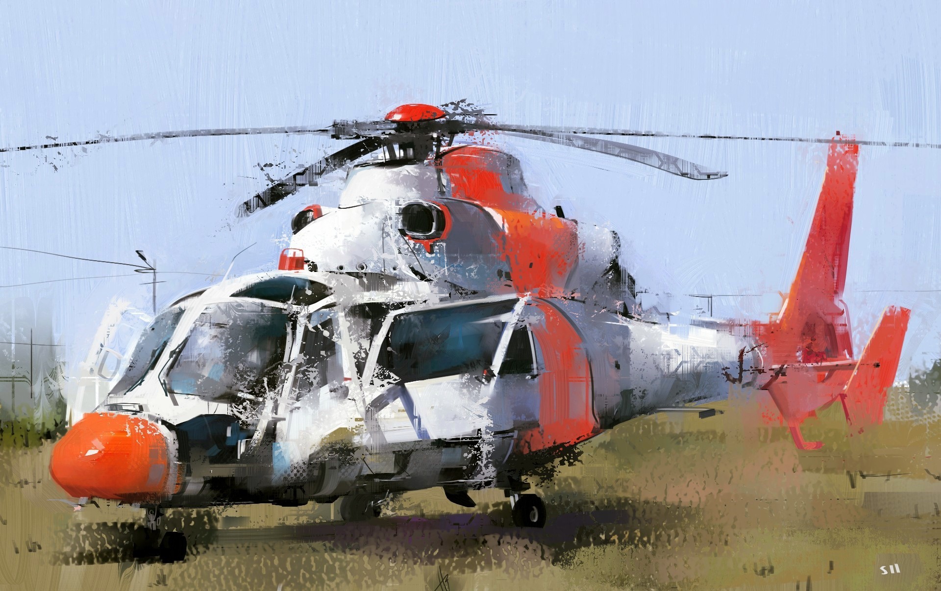 Painting of a white and orange helicopter HD Wallpaper