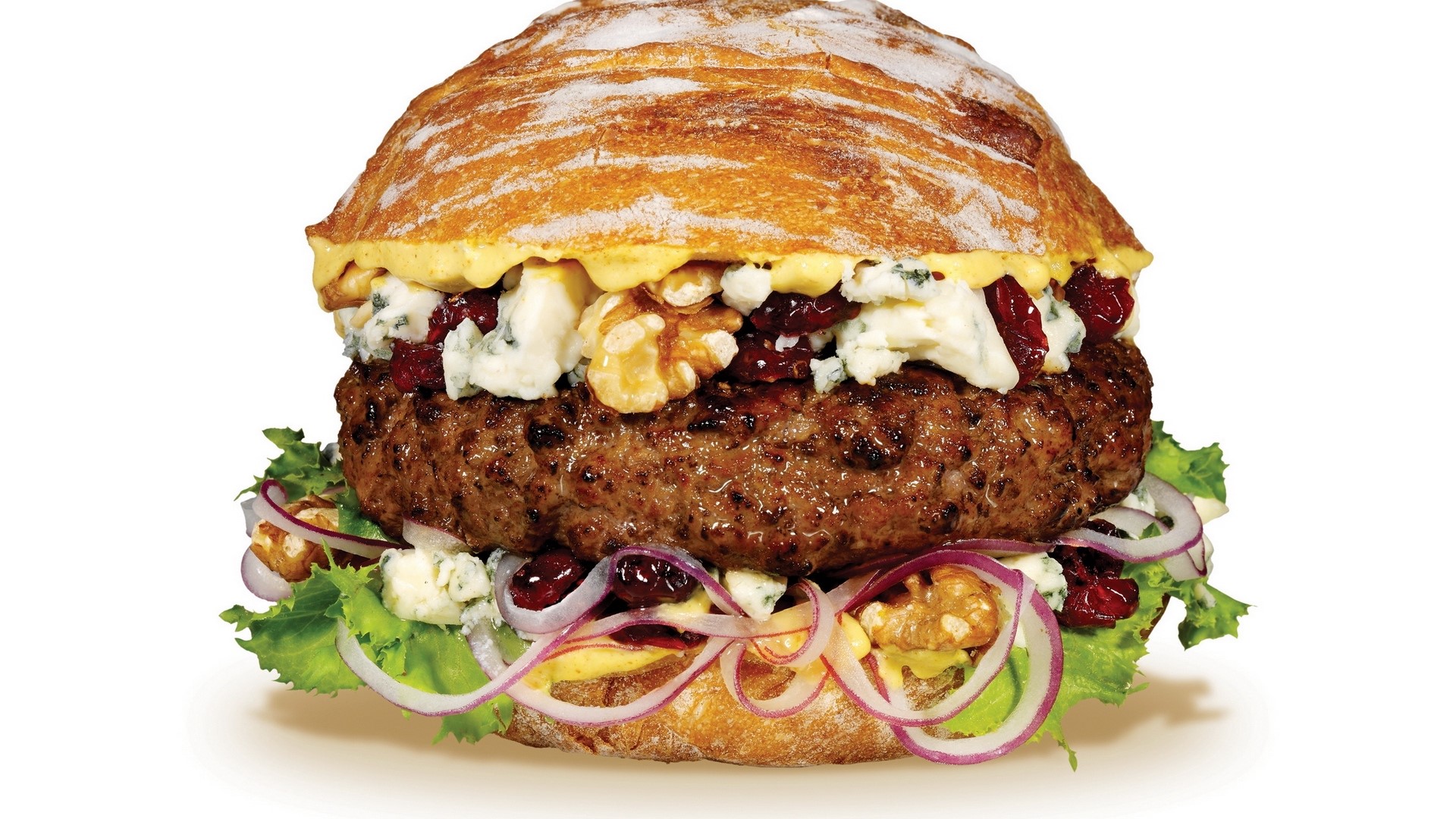 Burger with blue cheese, walnuts, and cranberries HD Wallpaper