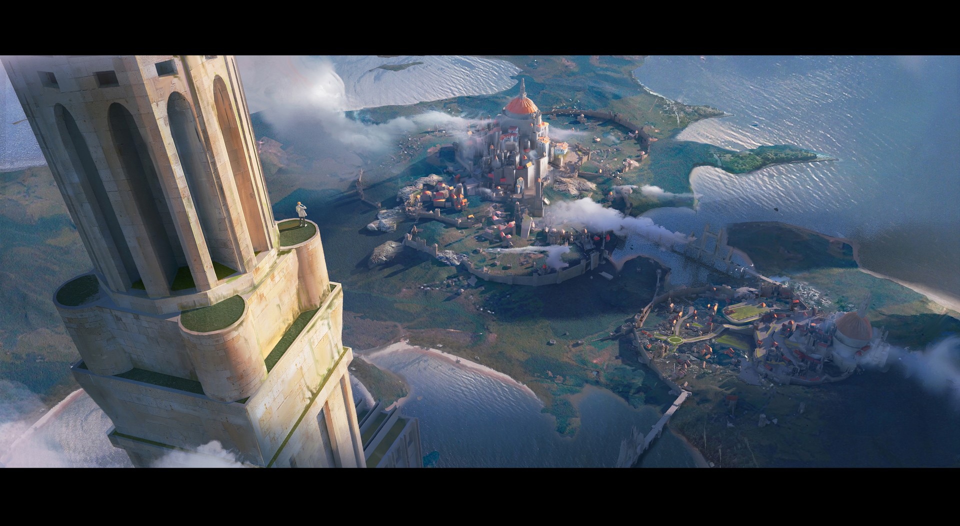 Digital artwork of a city on islands from a bird's eye view HD Wallpaper