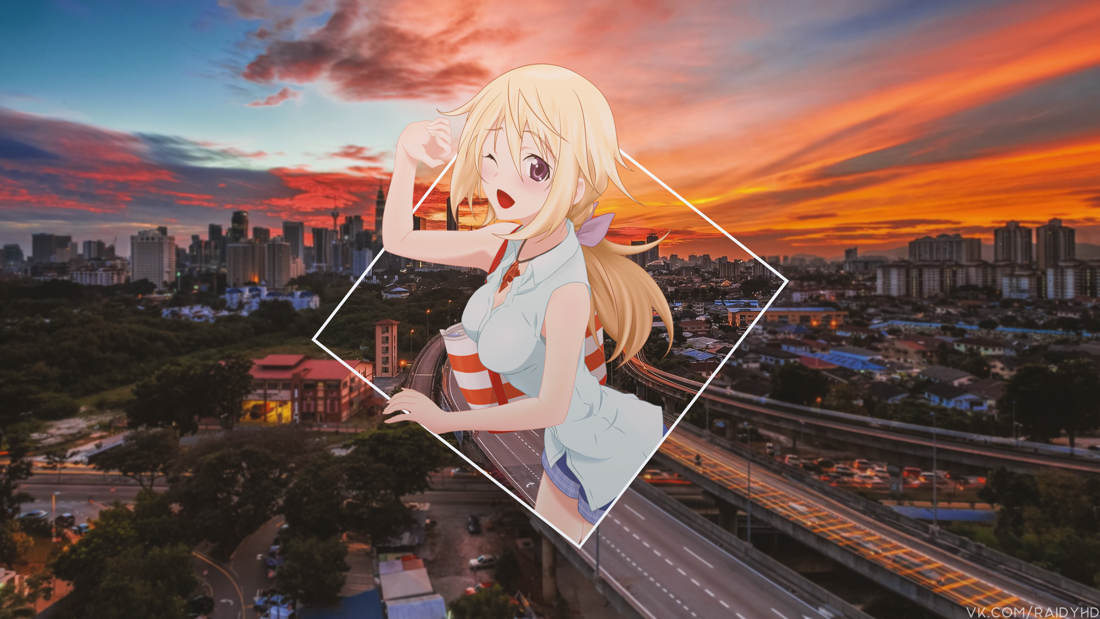 Anime girl in front of cityscape at sunset HD Wallpaper