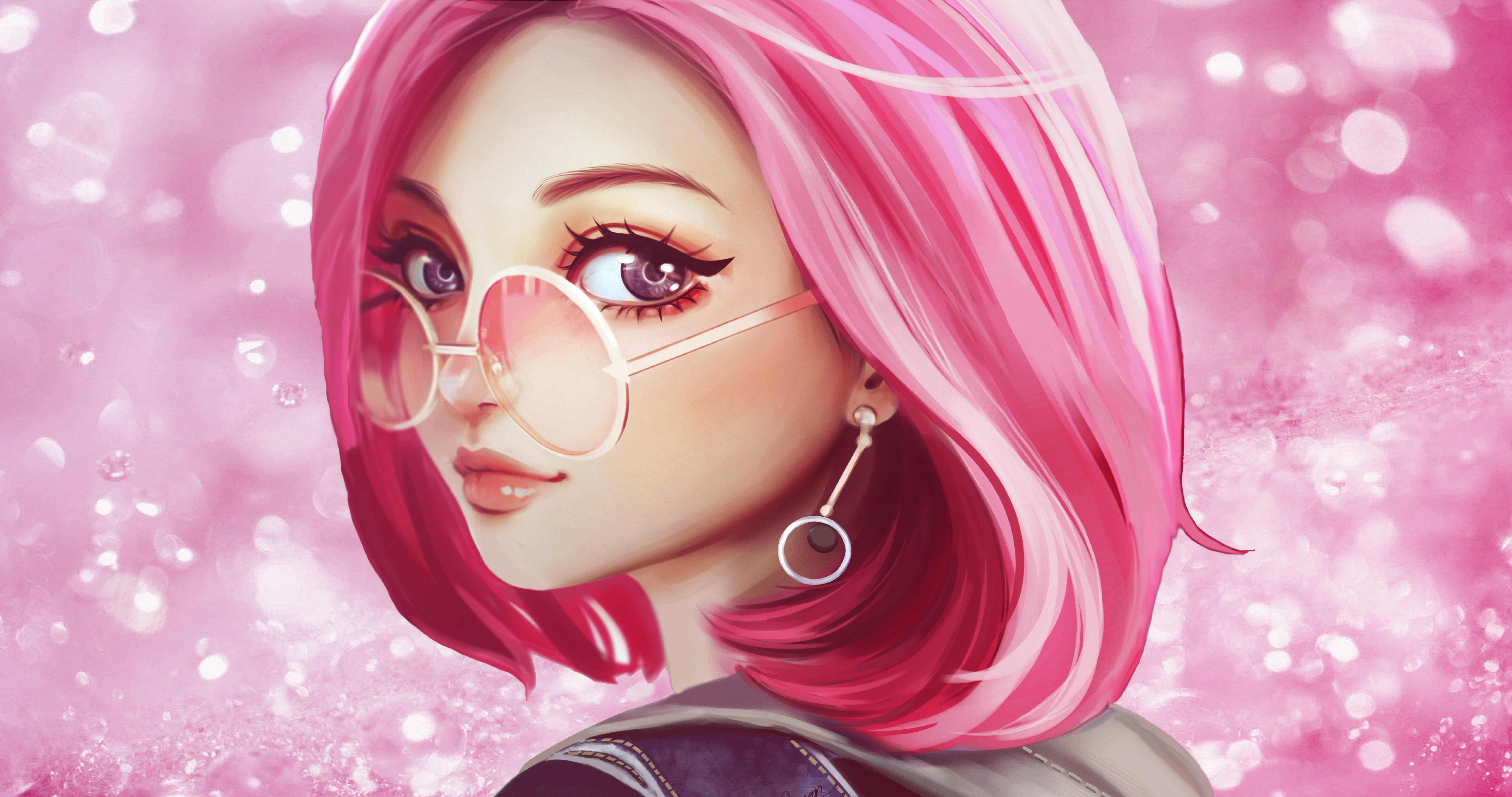 4K digital art of a woman with pink hair and glasses HD Wallpaper