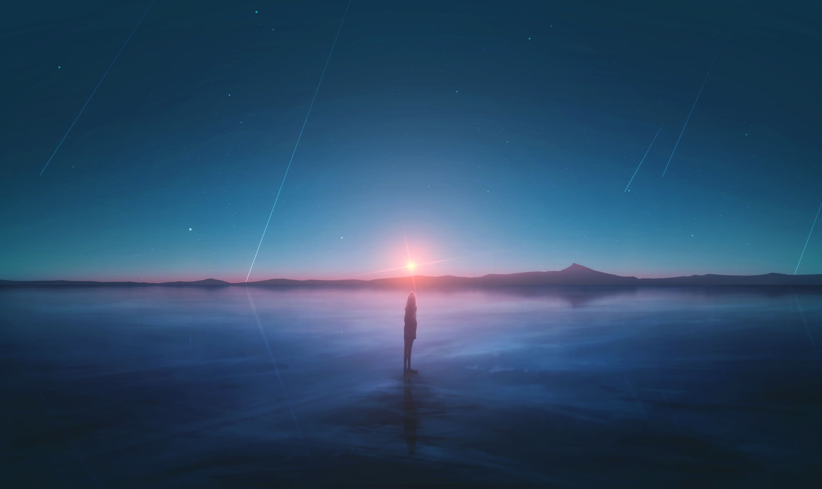 Person standing by a lake at sunset with shooting stars HD Wallpaper