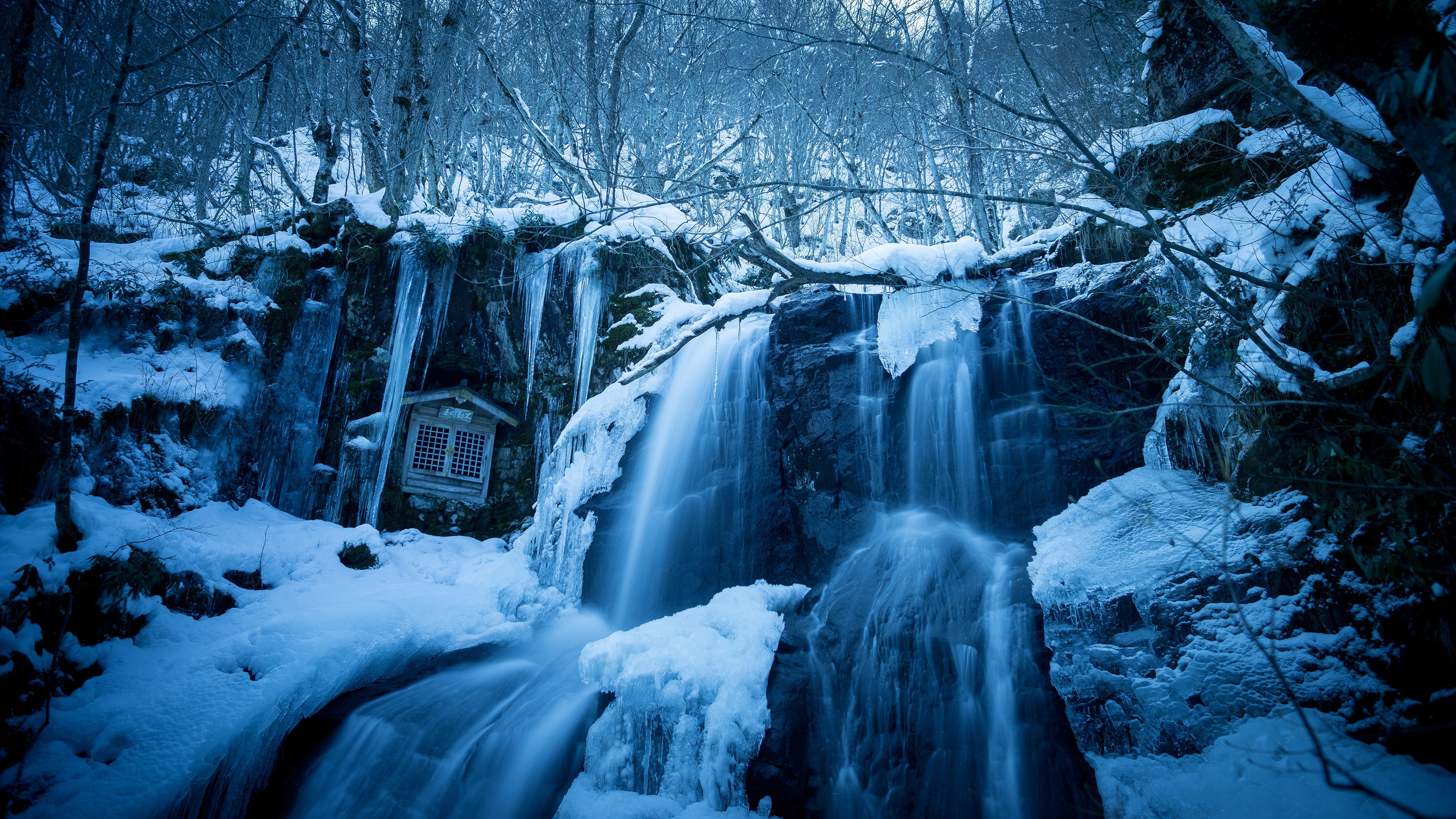4K Winter Waterfall with Shrine HD Wallpaper