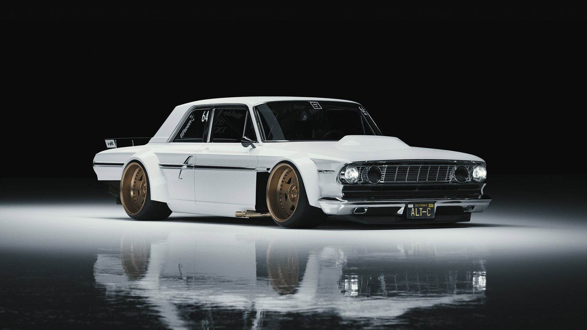 White custom classic car with gold rims HD Wallpaper