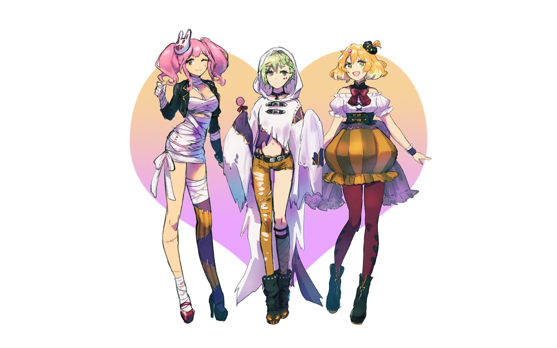 Anime girls in Halloween costumes HD Wallpaper