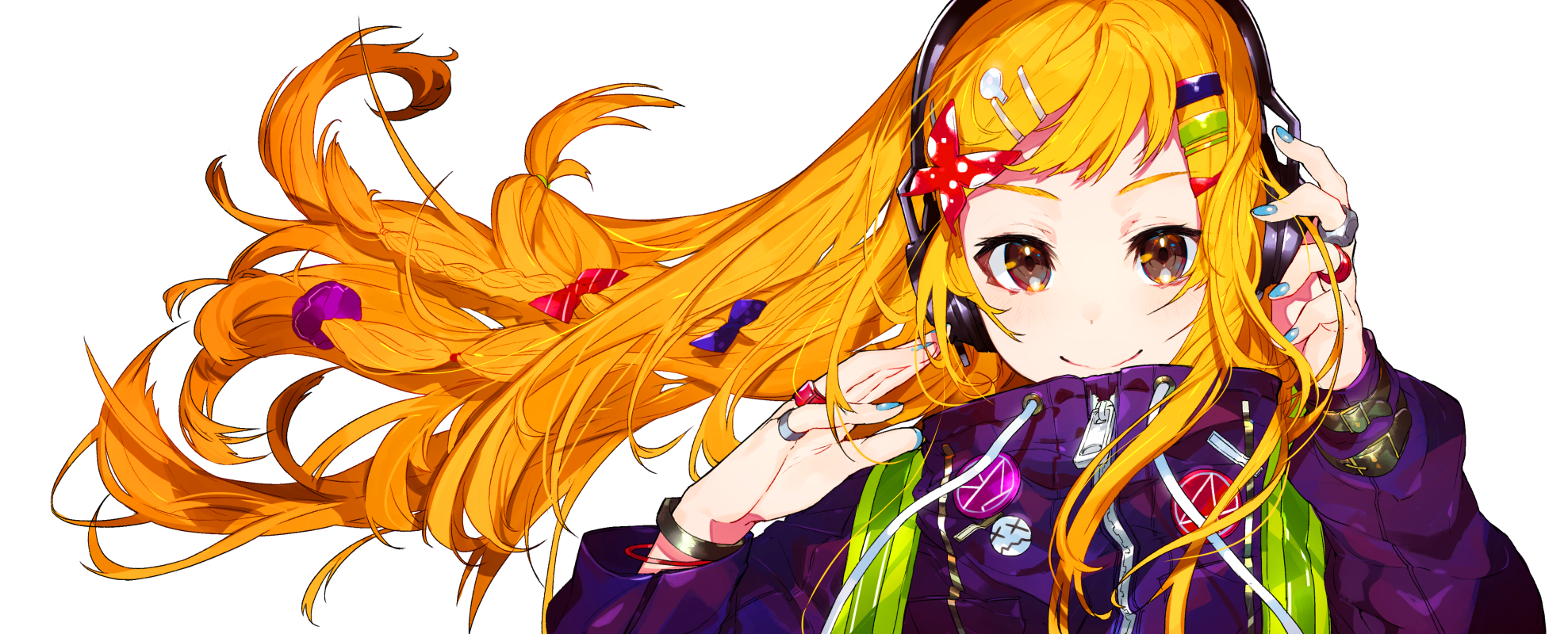 Anime girl with headphones and long orange hair HD Wallpaper