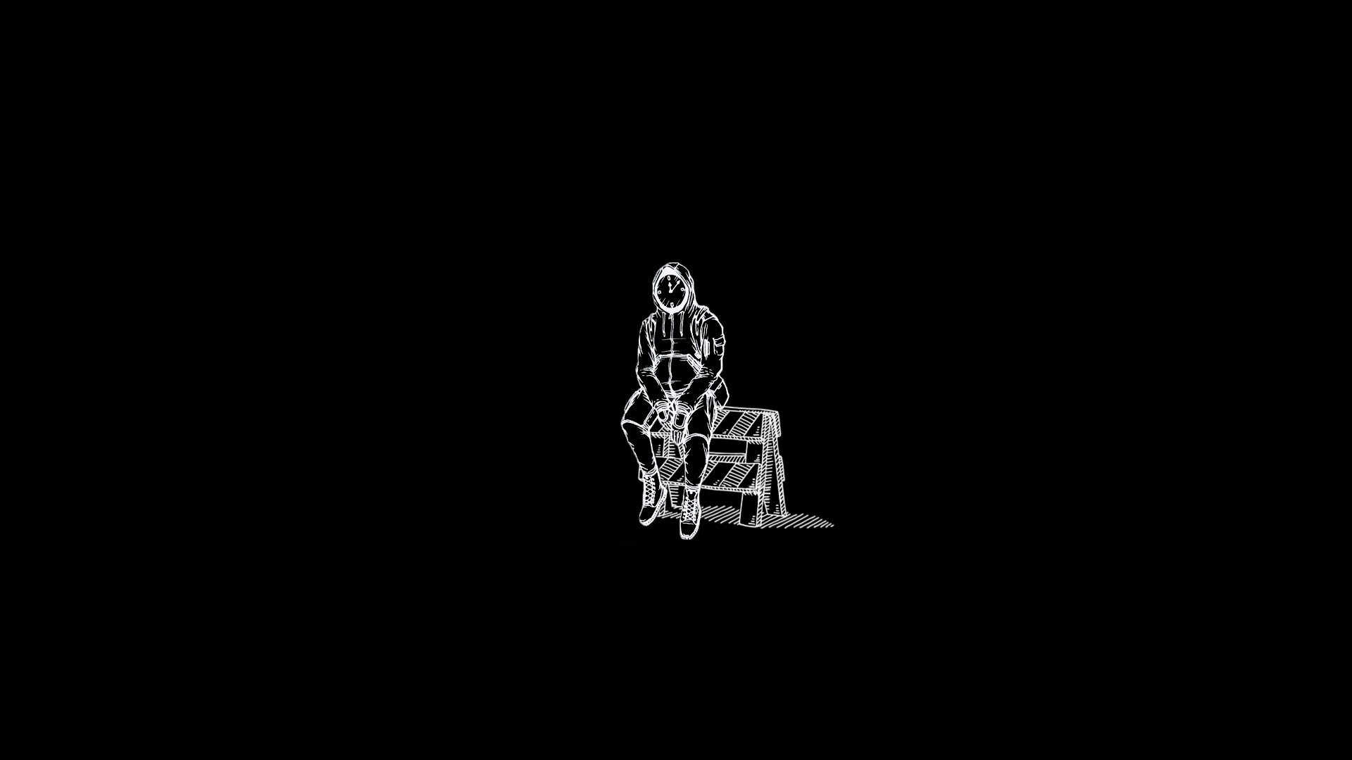 Minimalist artwork of a person with a clock for a face sitting on a step stool HD Wallpaper