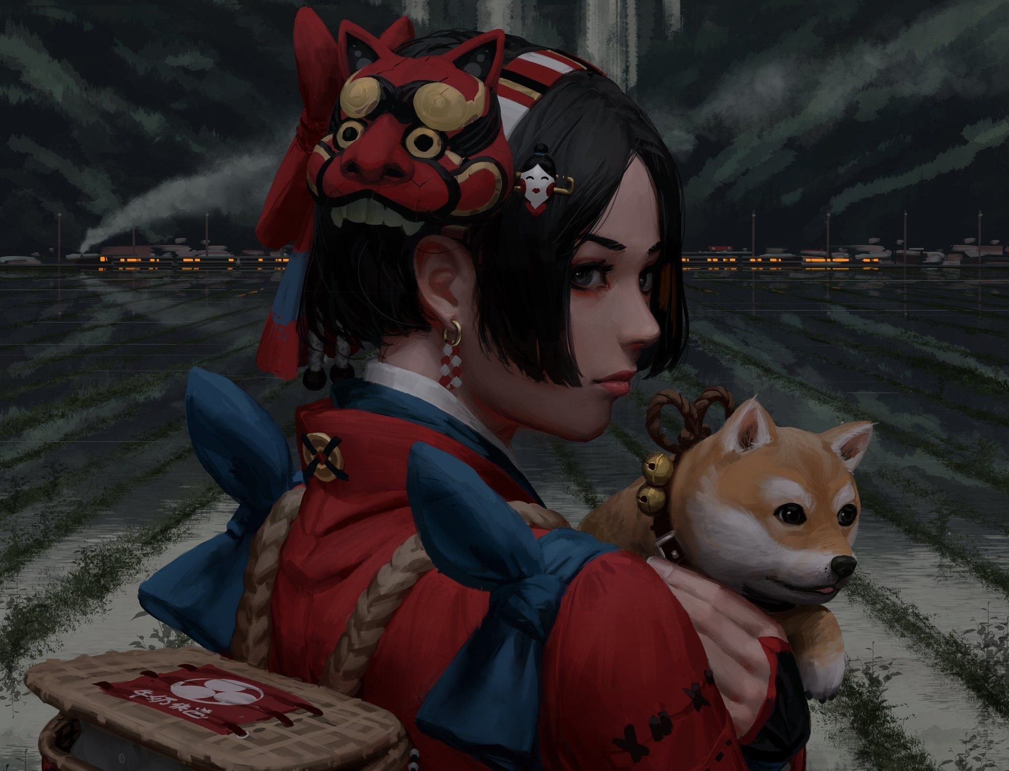 Woman in traditional Japanese attire with a dog and mask HD Wallpaper