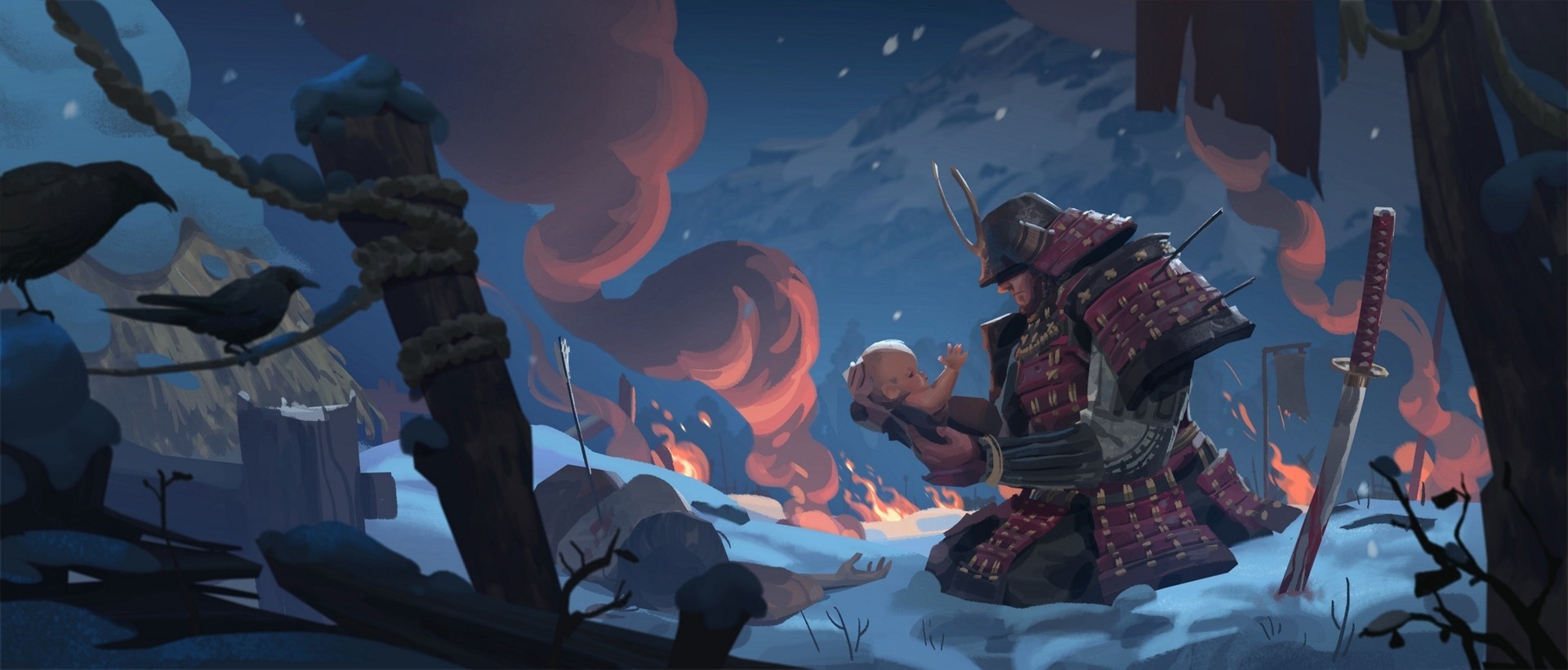 Samurai holding a baby in a snowy, burning village HD Wallpaper