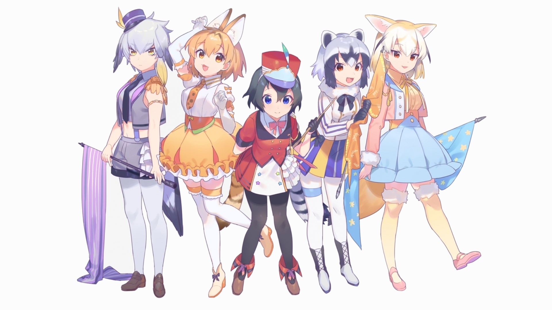 Anime girls from Kemono Friends in circus outfits HD Wallpaper