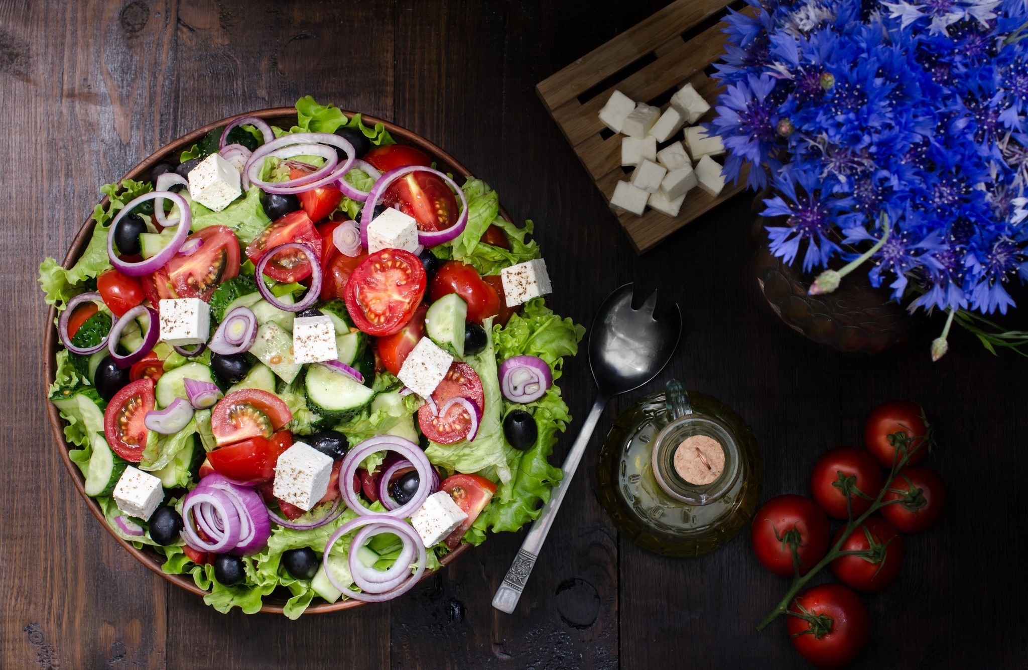 Greek salad with feta cheese and cornflowers HD Wallpaper