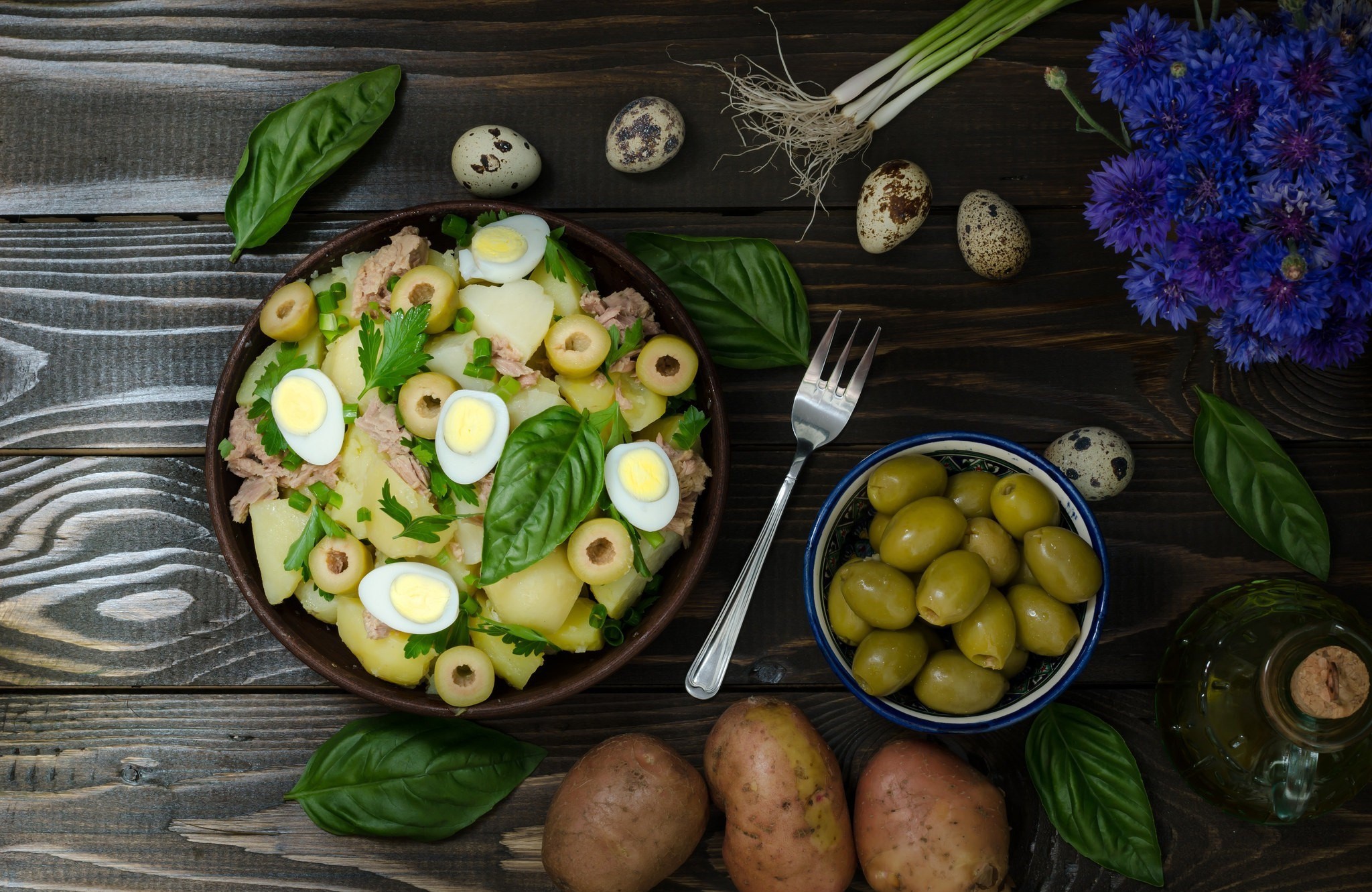 Potato salad with tuna, olives, and quail eggs HD Wallpaper