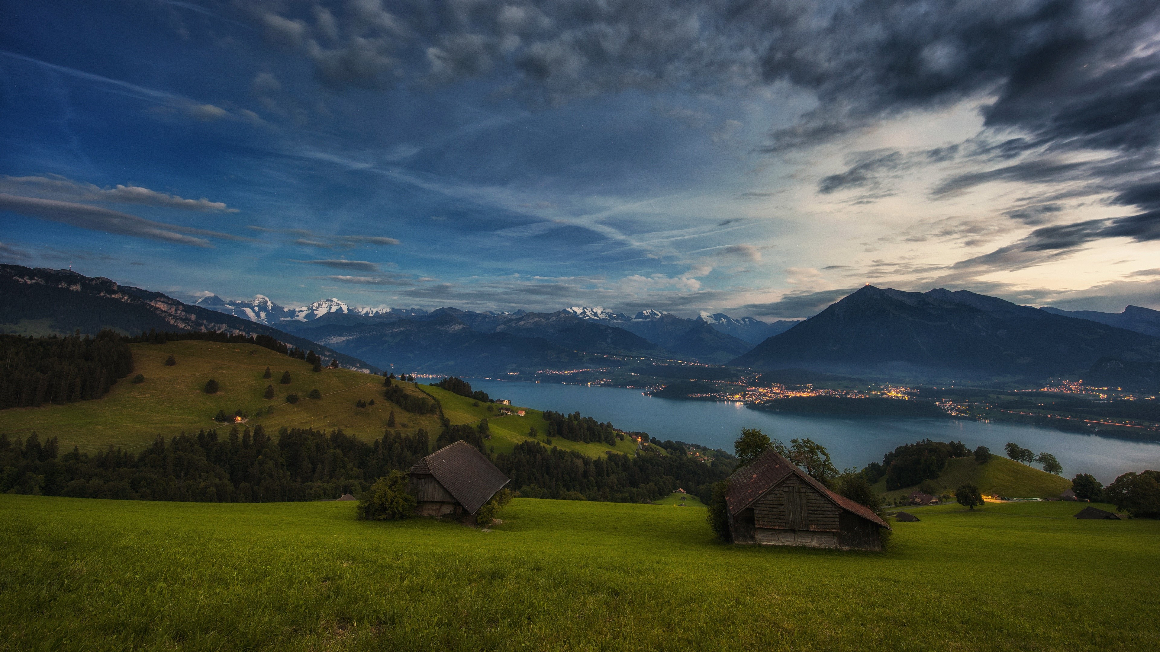 4K Landscape of Mountains and Lake at Dusk HD Wallpaper