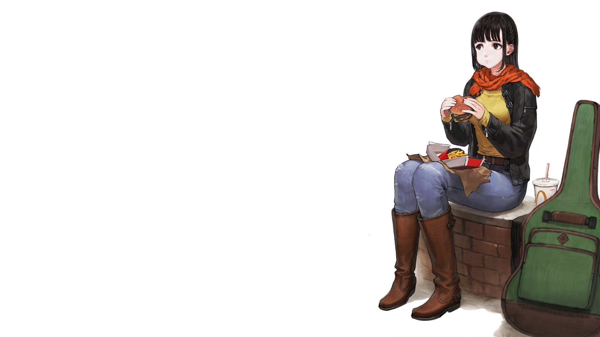 Anime girl eating McDonald's with guitar case HD Wallpaper