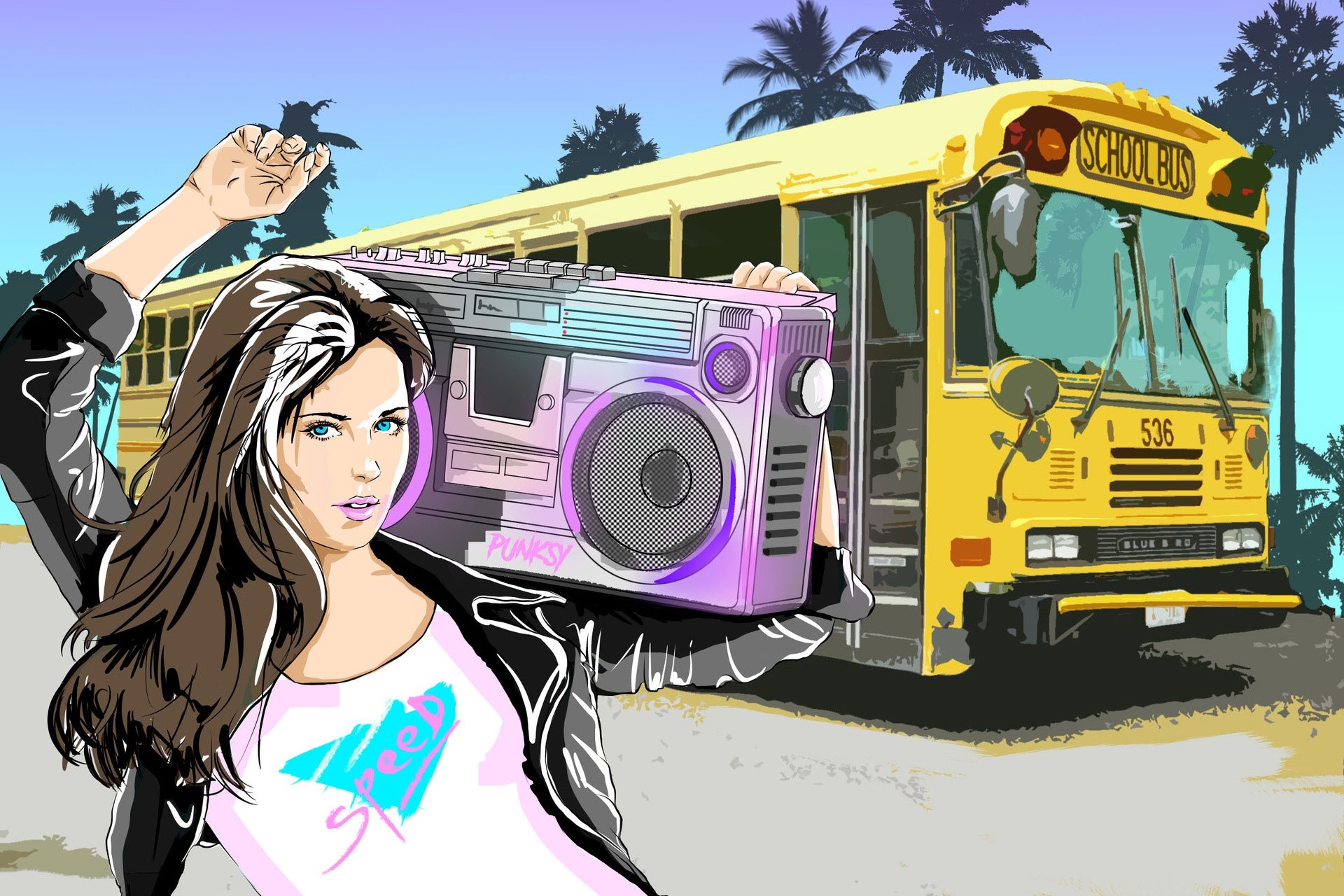 Woman with boombox in front of school bus HD Wallpaper