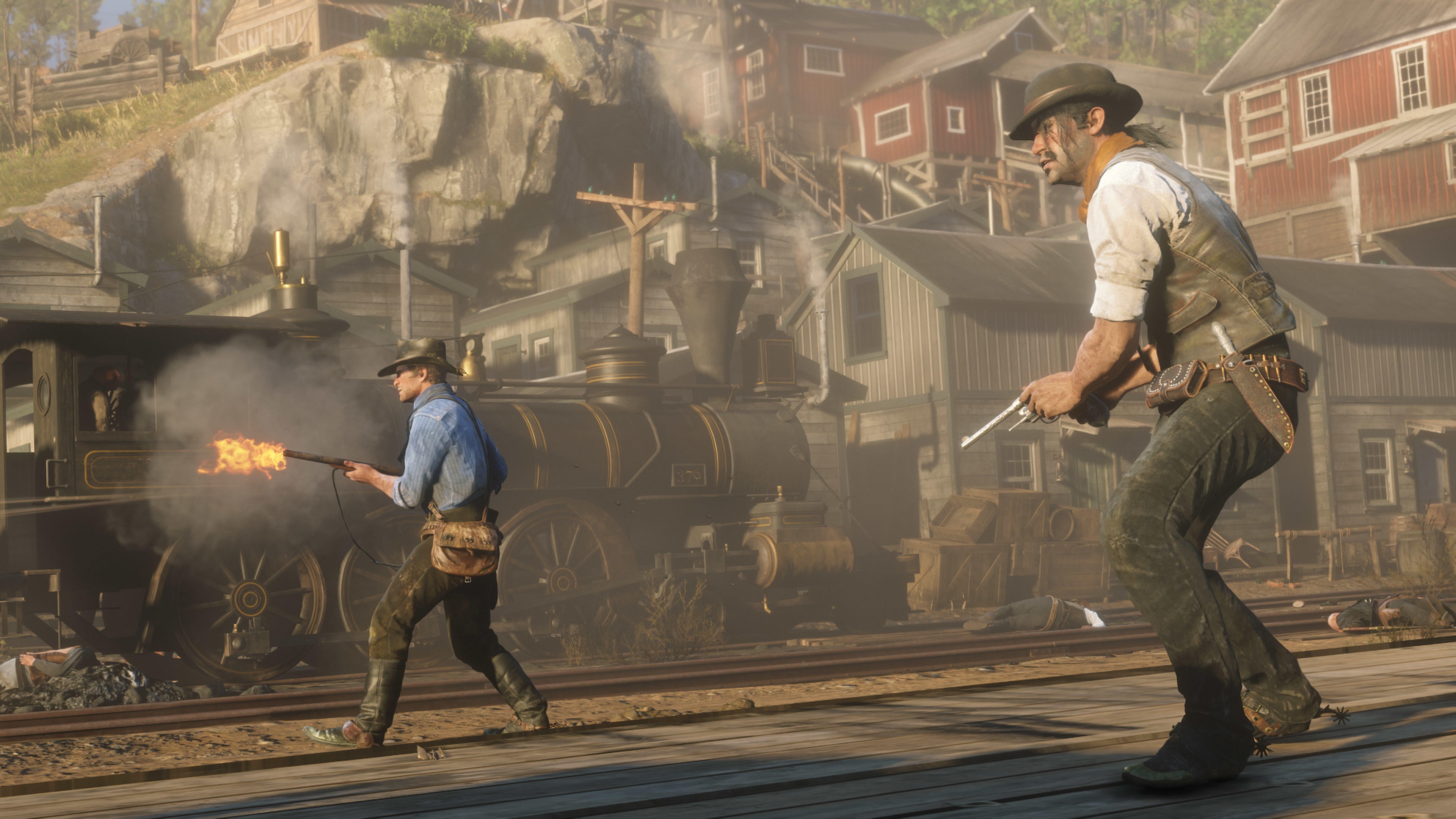 4K Red Dead Redemption 2: Arthur Morgan and Javier Escuella shoot from a train HD Wallpaper