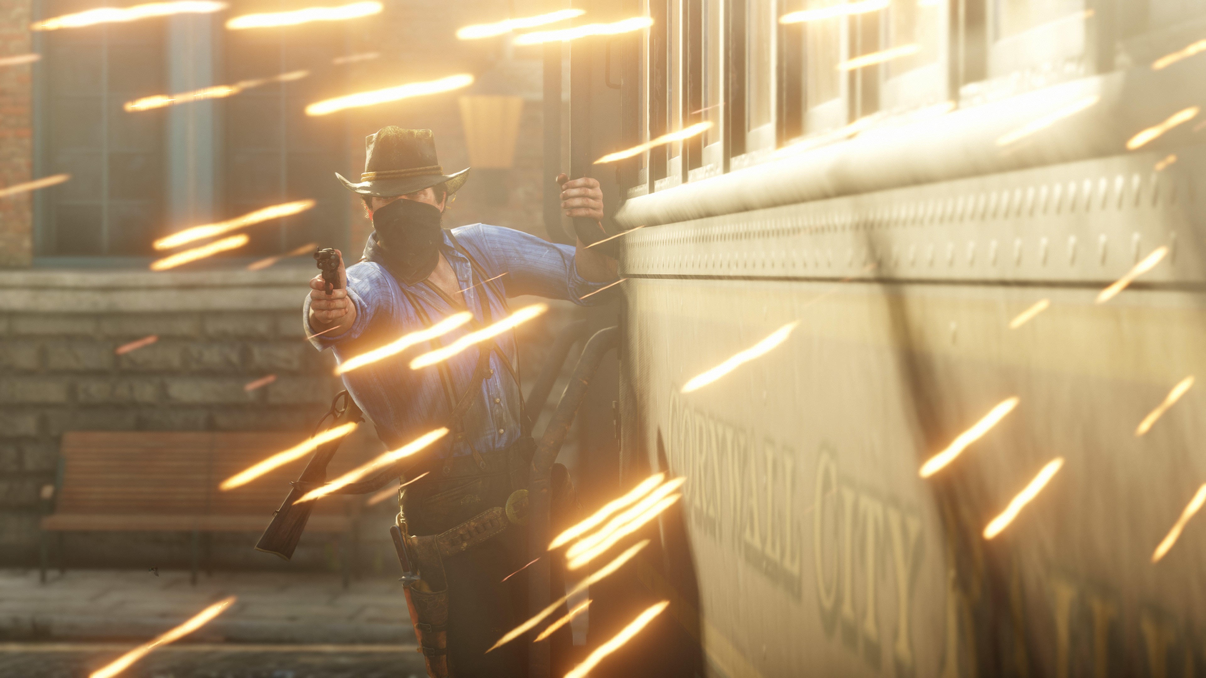 Man in hat and bandana firing gun near train HD Wallpaper