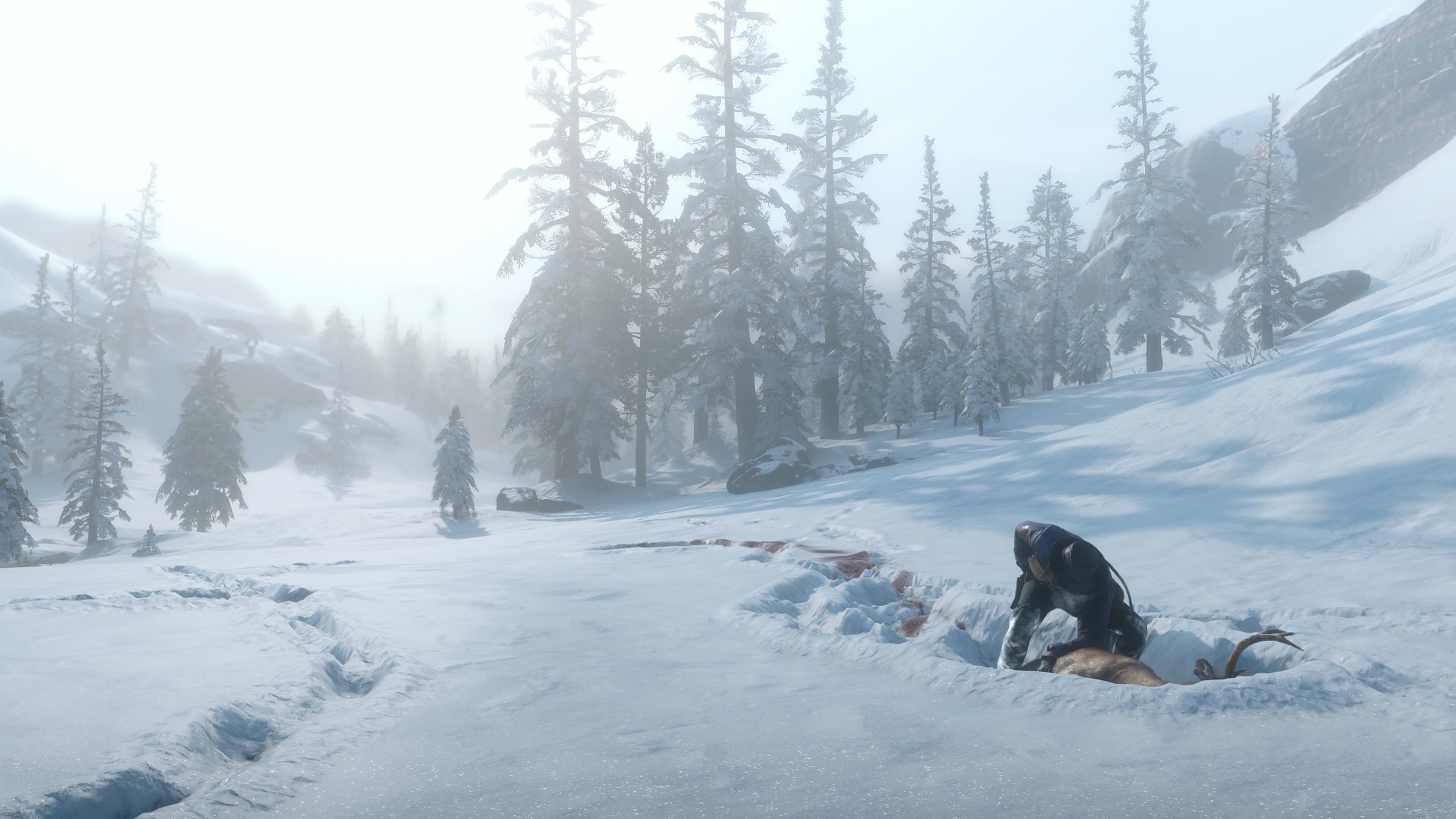 Red Dead Redemption 2 snow scene with hunter and deer HD Wallpaper