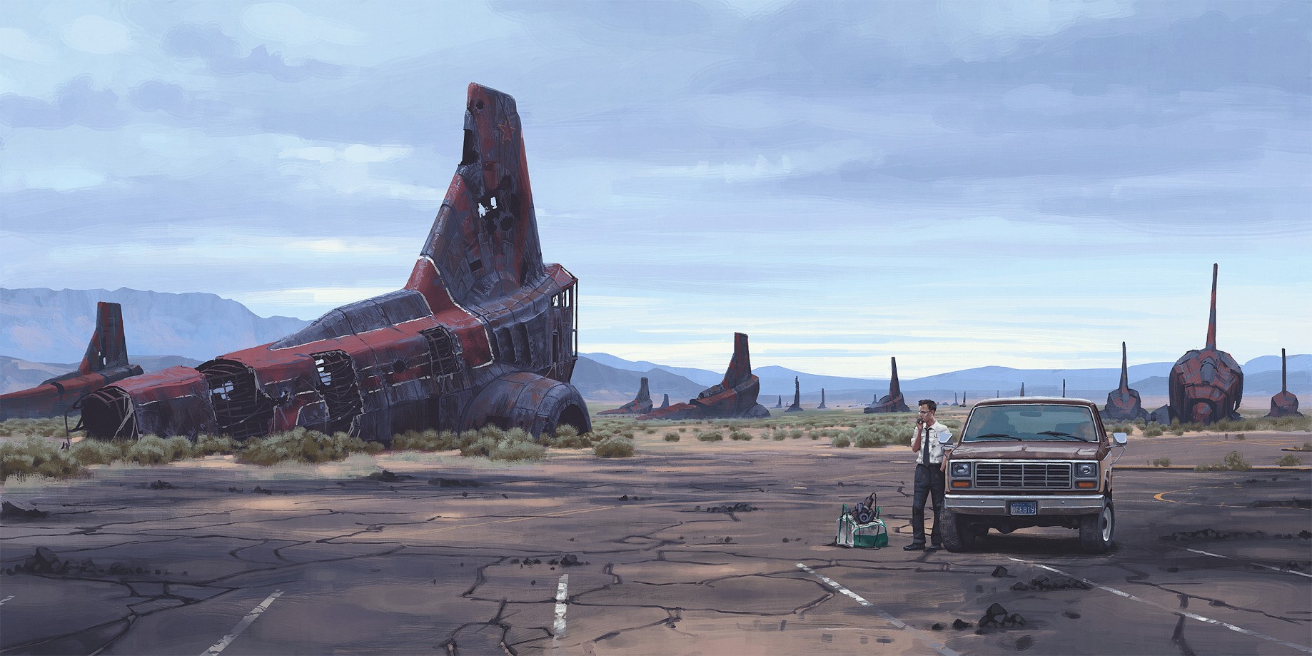 Ruined spaceship and a man with a van in a desert landscape HD Wallpaper