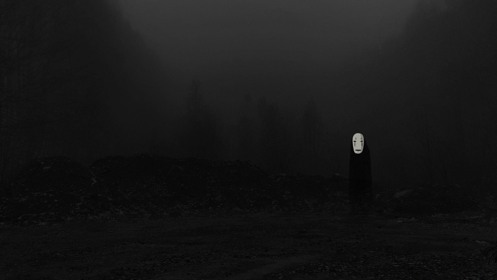 No-Face from Spirited Away in a dark, foggy landscape HD Wallpaper