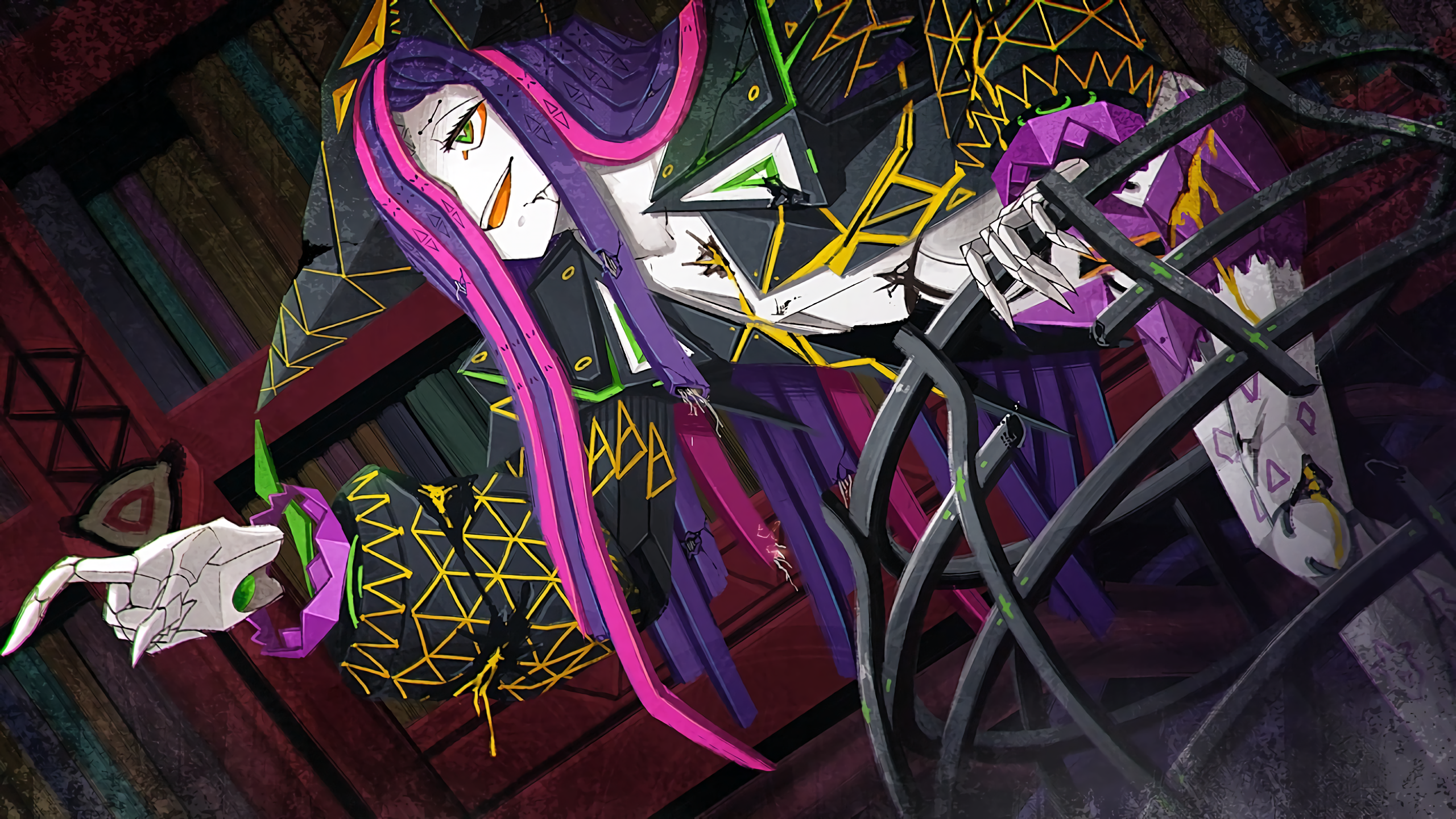 Anime character with purple hair and mechanical arm HD Wallpaper