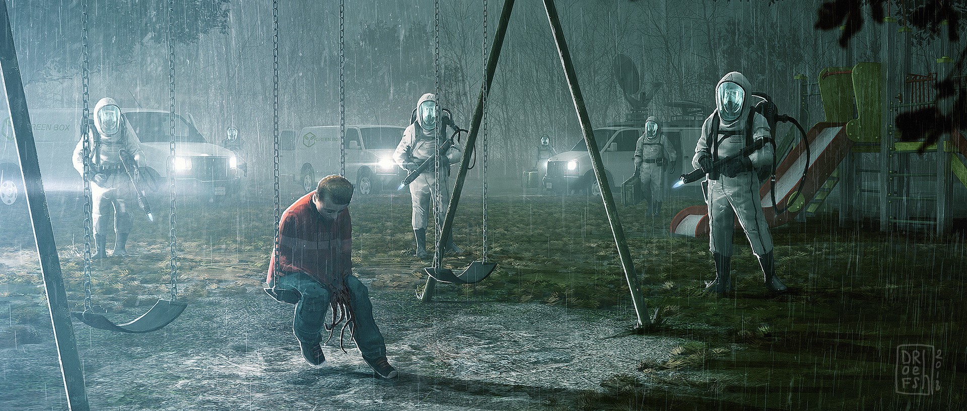 People in hazmat suits on a playground during a rainstorm HD Wallpaper