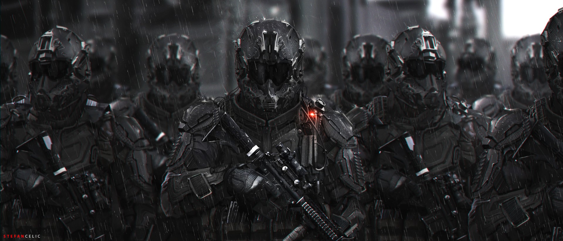 Soldiers in futuristic armor with weapons in the rain HD Wallpaper