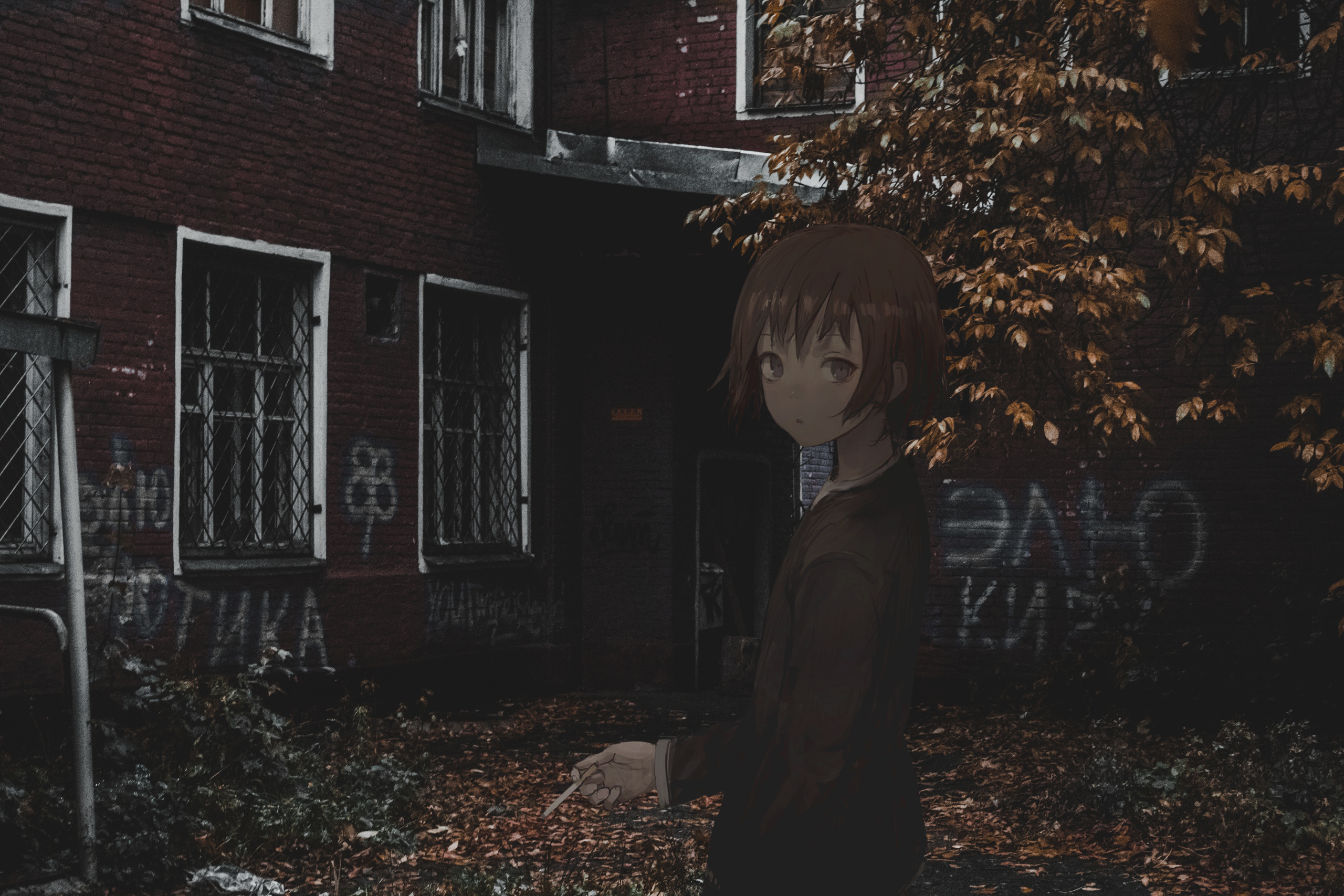 Anime girl with short hair smoking in front of a brick building HD Wallpaper