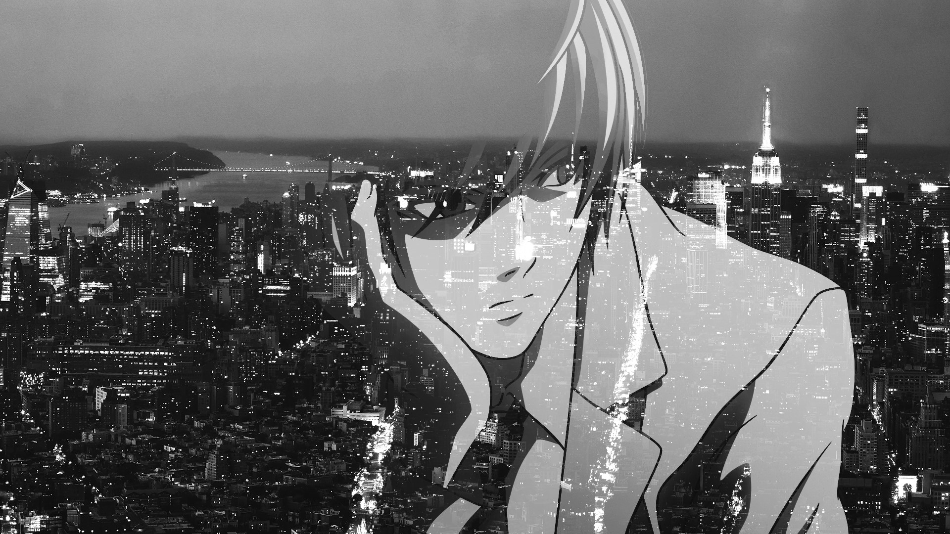 Yagami Light from Death Note superimposed on New York City skyline HD Wallpaper