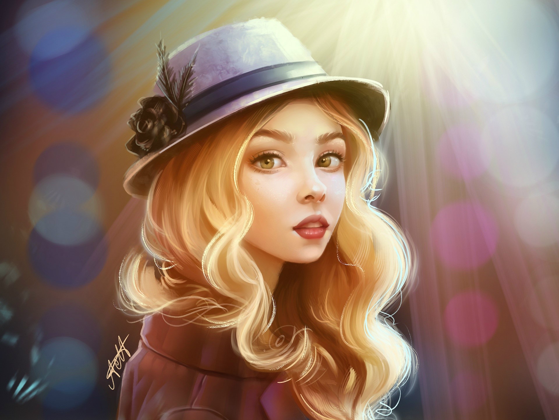 Artwork of a woman with blonde hair wearing a hat HD Wallpaper