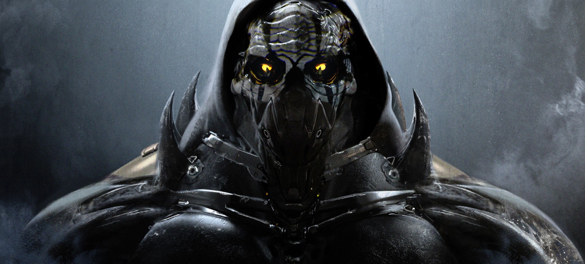 Dark fantasy warrior with yellow eyes and hood HD Wallpaper