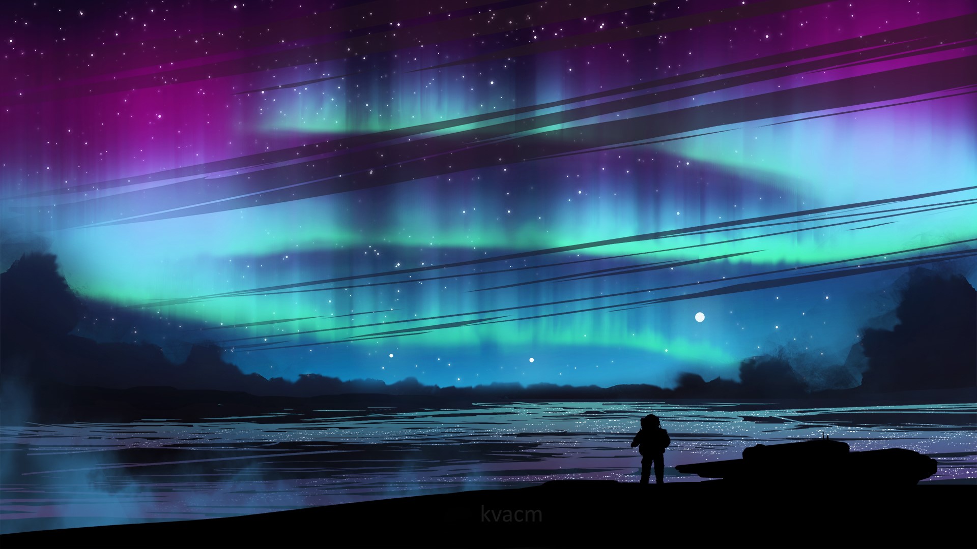 Astronaut and spaceship under aurora borealis HD Wallpaper