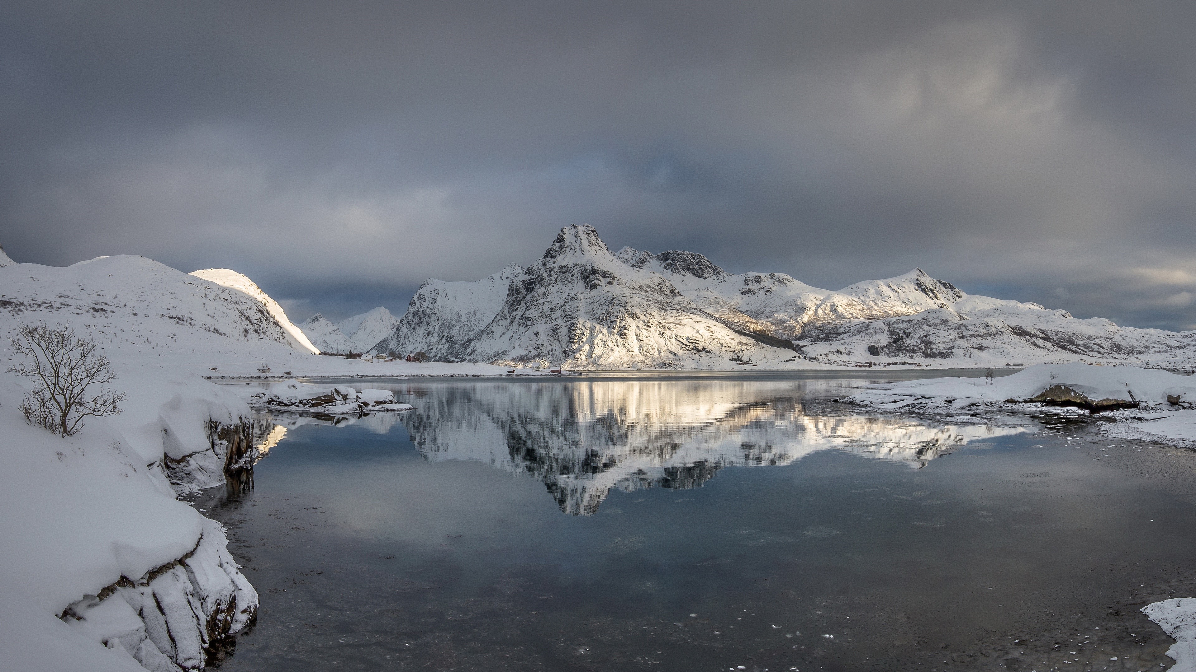 4K Lofoten Norway Snow Reflection Nature HD Wallpaper