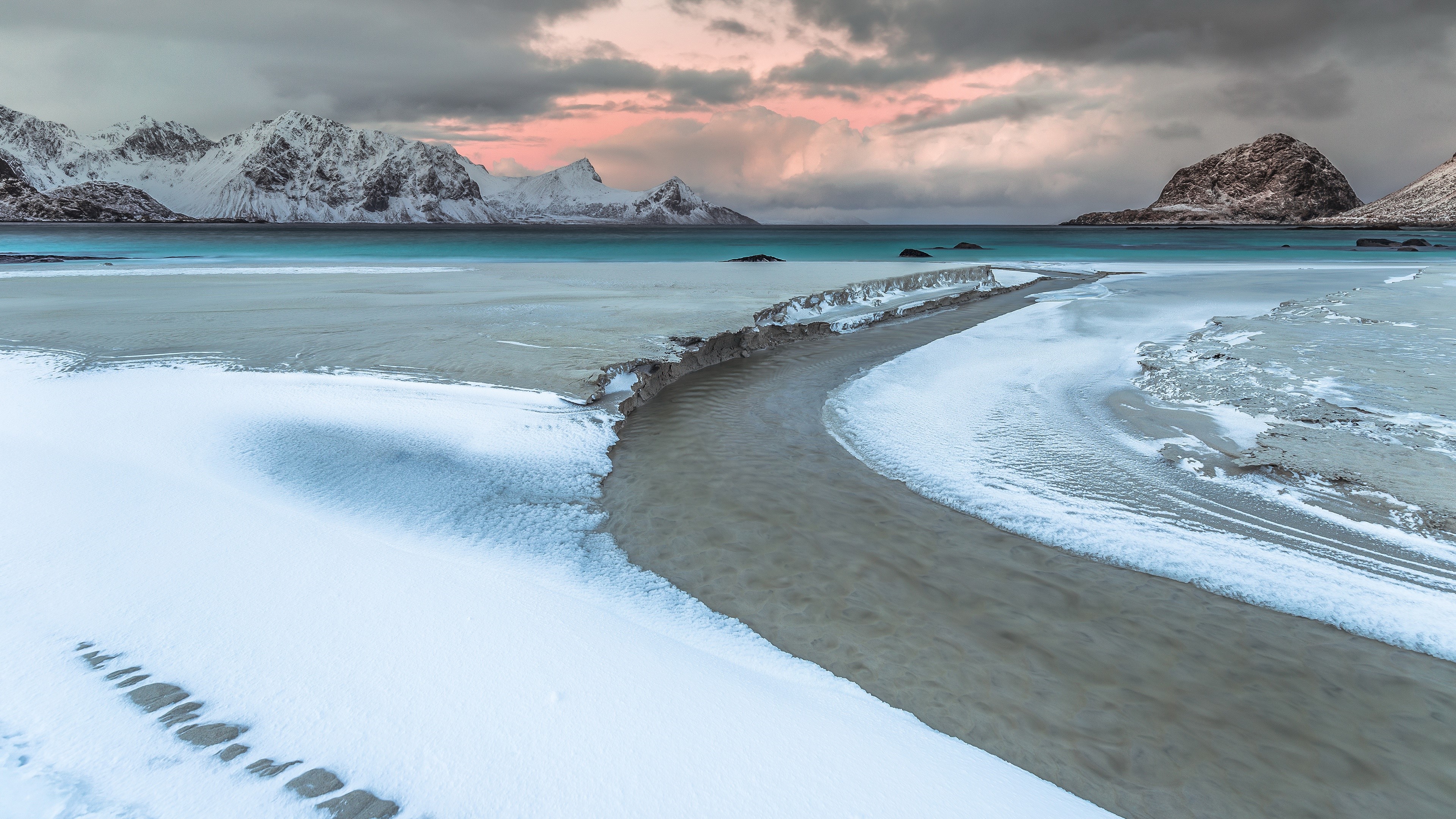 4K Norway Lofoten Winter Beach Landscape HD Wallpaper