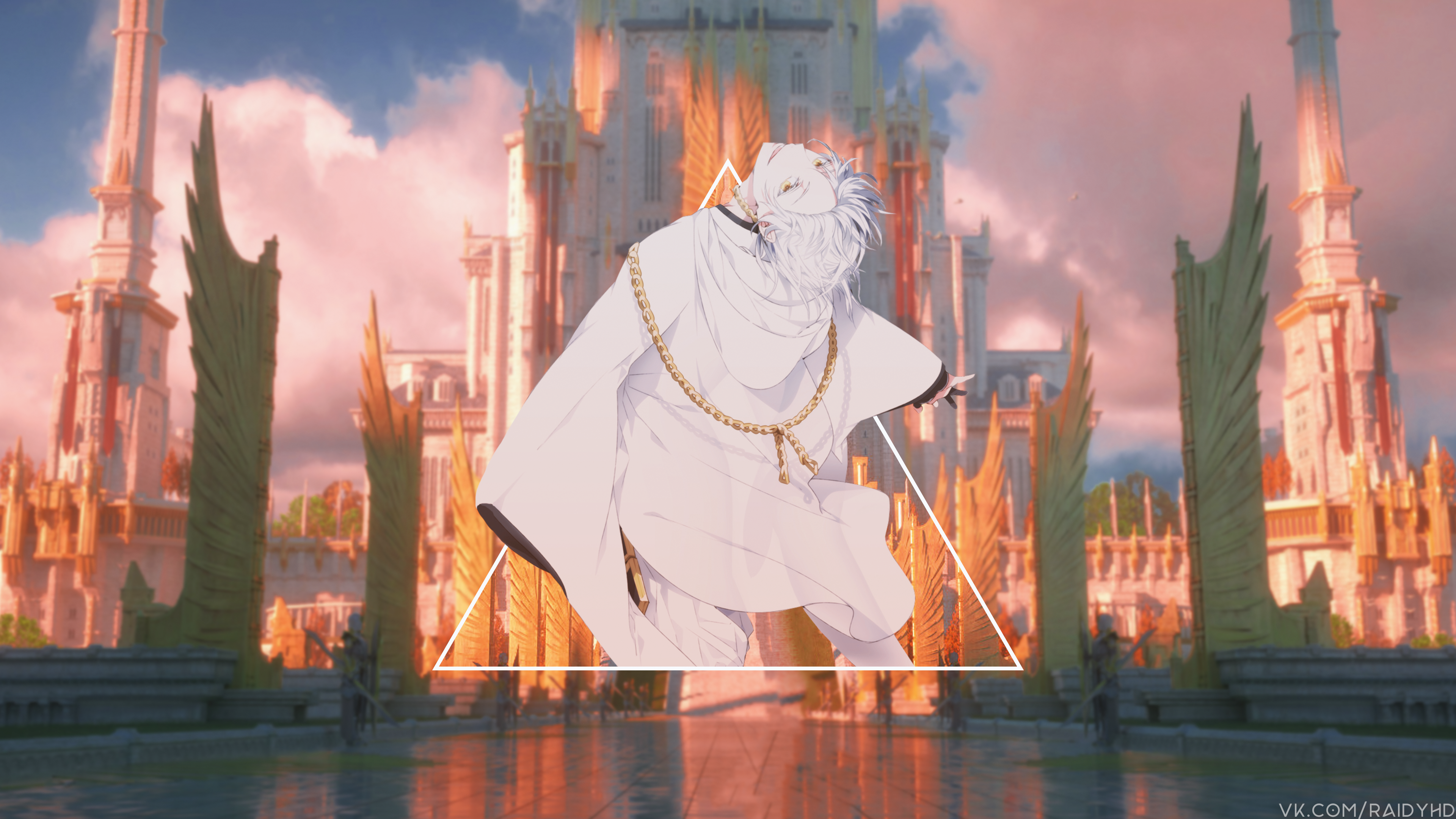 Anime character with white hair in a fantasy city HD Wallpaper