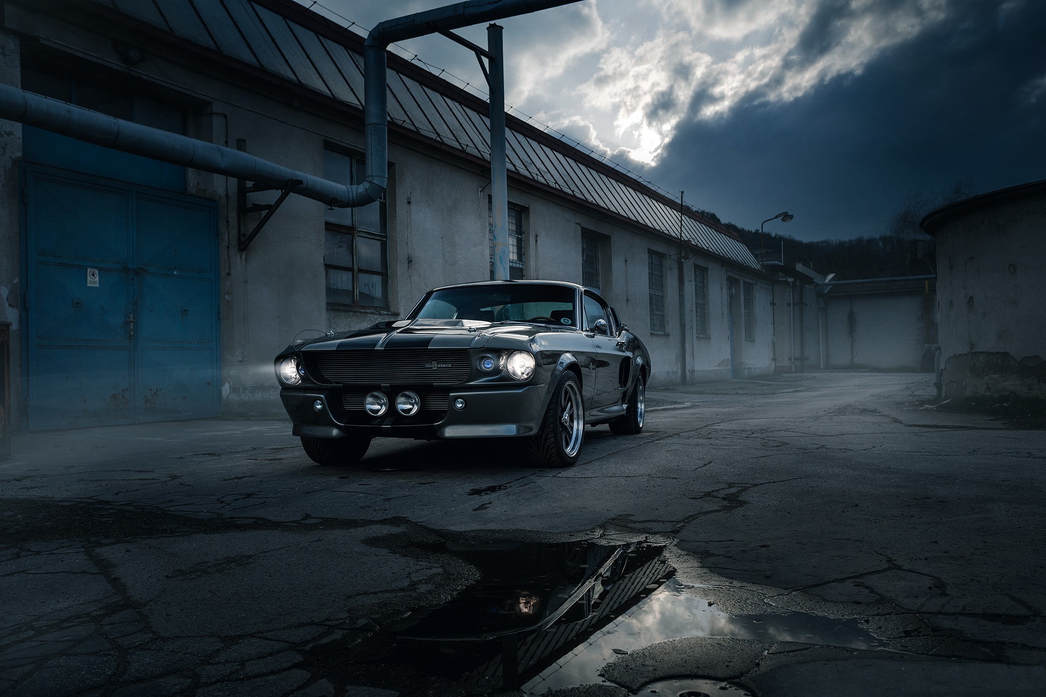 Eleanor Shelby Mustang parked in an industrial area HD Wallpaper