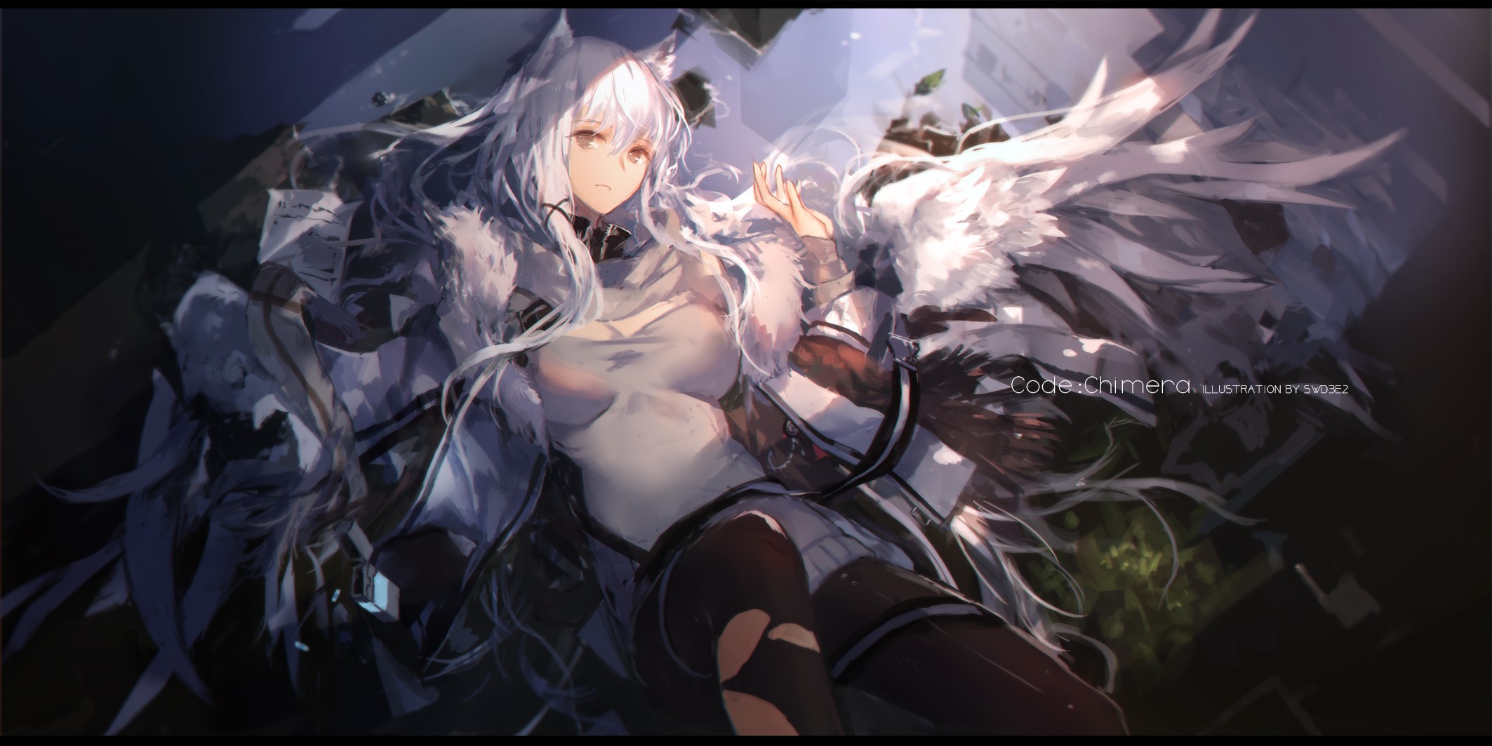 Anime girl with white hair and wings, Code: Chimera HD Wallpaper