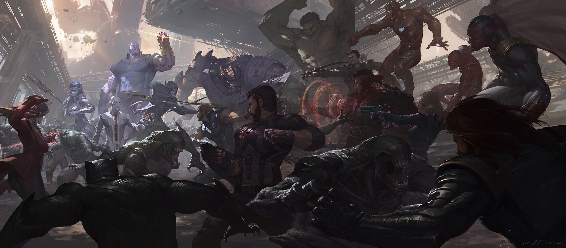 Avengers vs. Thanos and his army in digital art HD Wallpaper