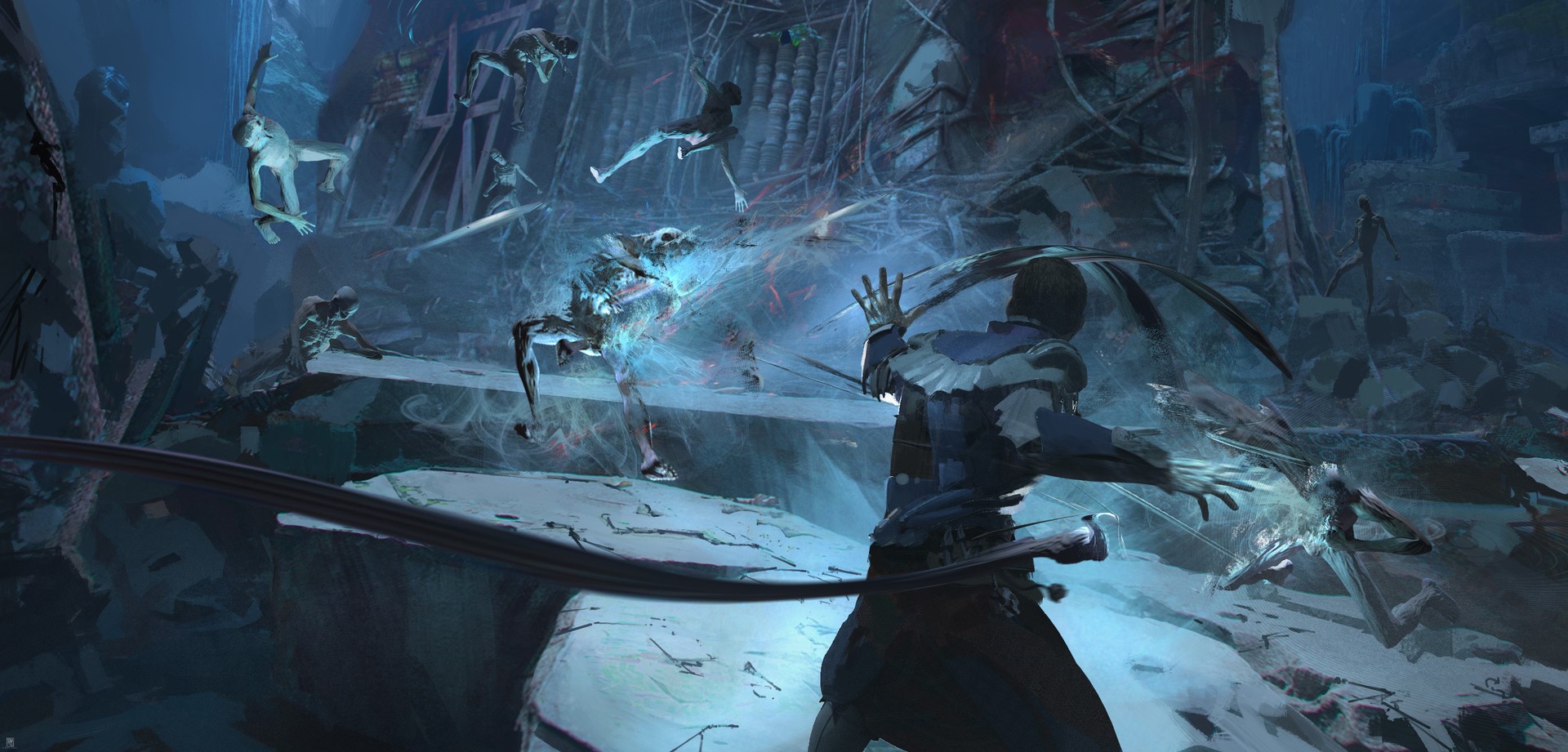 Undead creatures attacking a man in a ruined environment HD Wallpaper